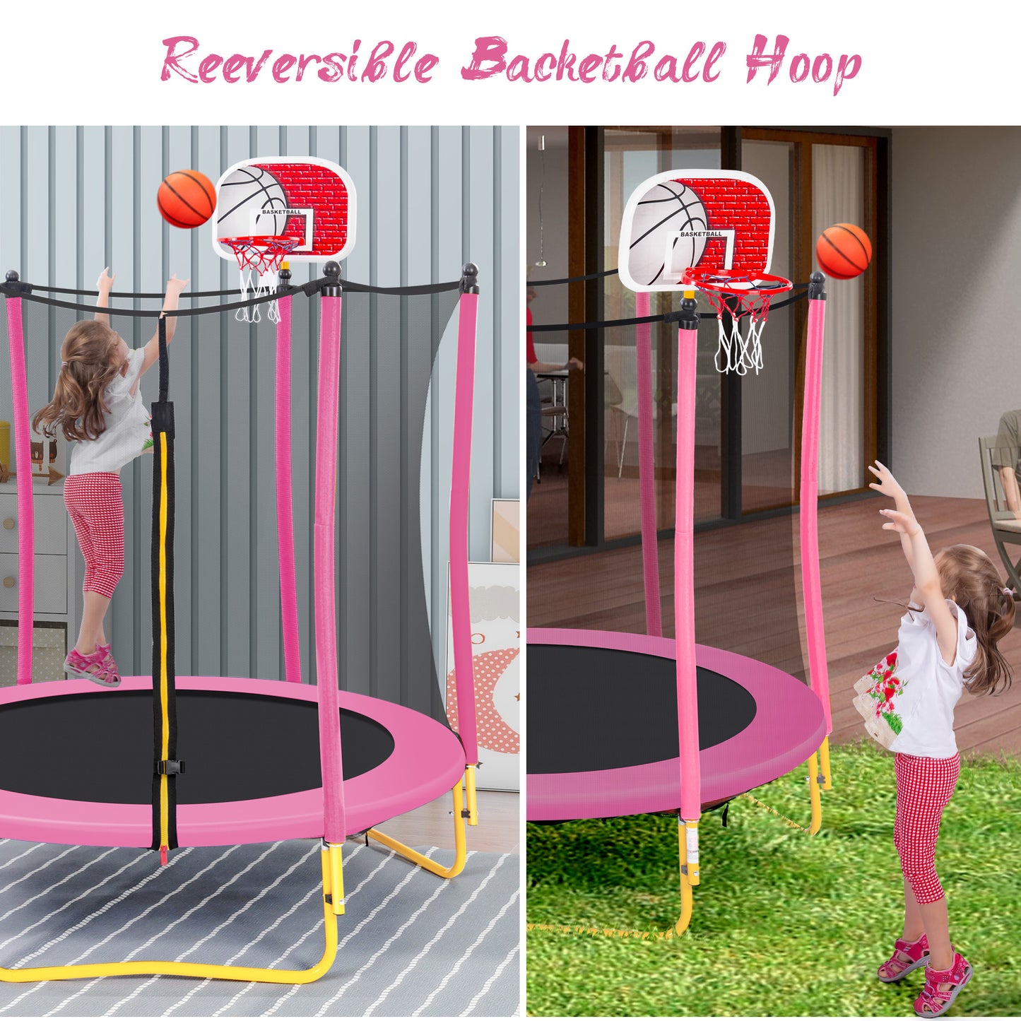 5.5ft Toddler Trampoline with Basketball Hoop, Shinpt Mini Trampoline for Kids, 65" Outdoor Trampoline with Enclosure Net, Round Trampoline for Patio, Backyard, Indoor
