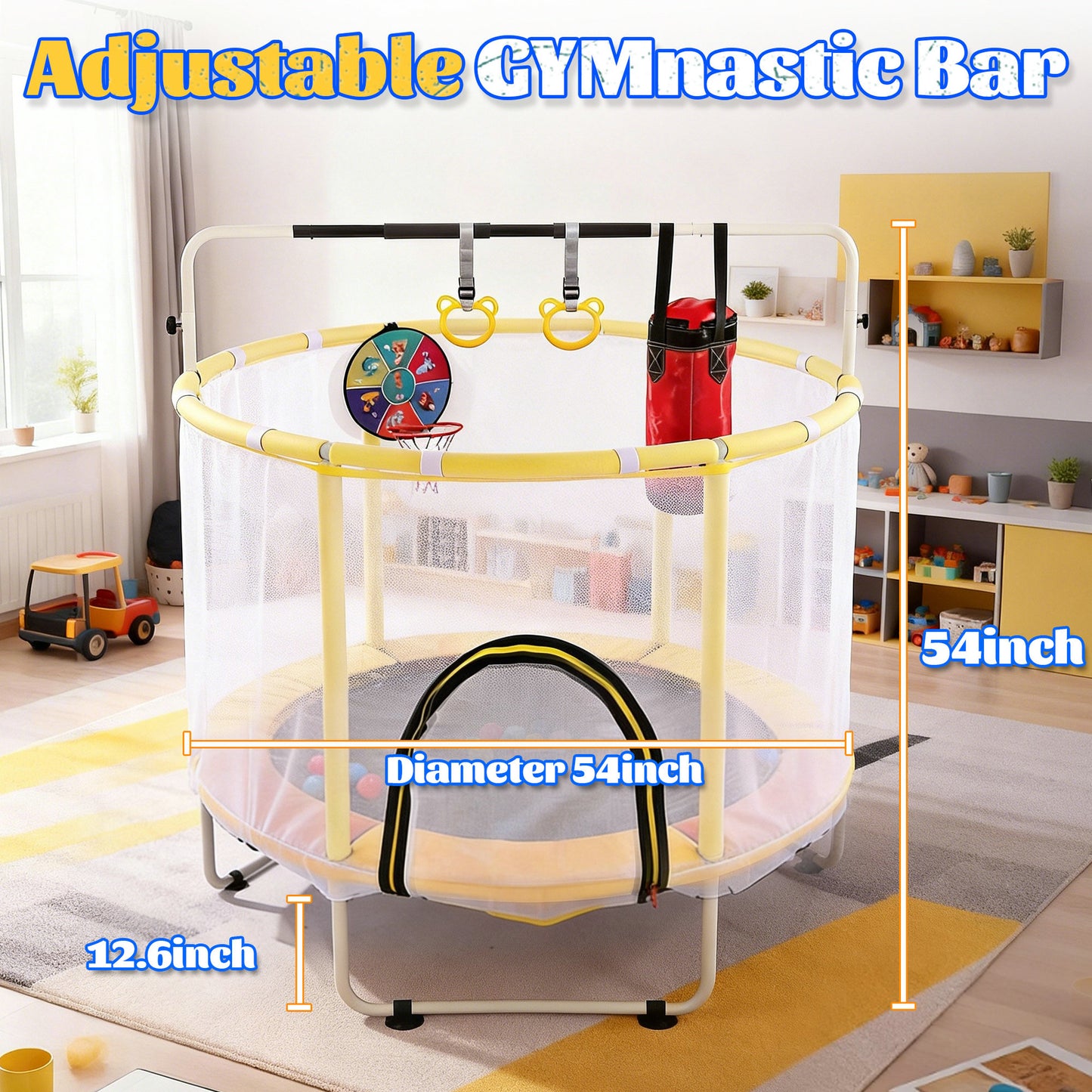 54in Mini Trampoline for Kids, SHINPT Toddler Trampoline Indoor/Outdoor, Kids Trampoline for Toddlers with Boxing Bag, Recreational Trampoline with Gymnastics Bar, Indoor Trampoline for Toddlers