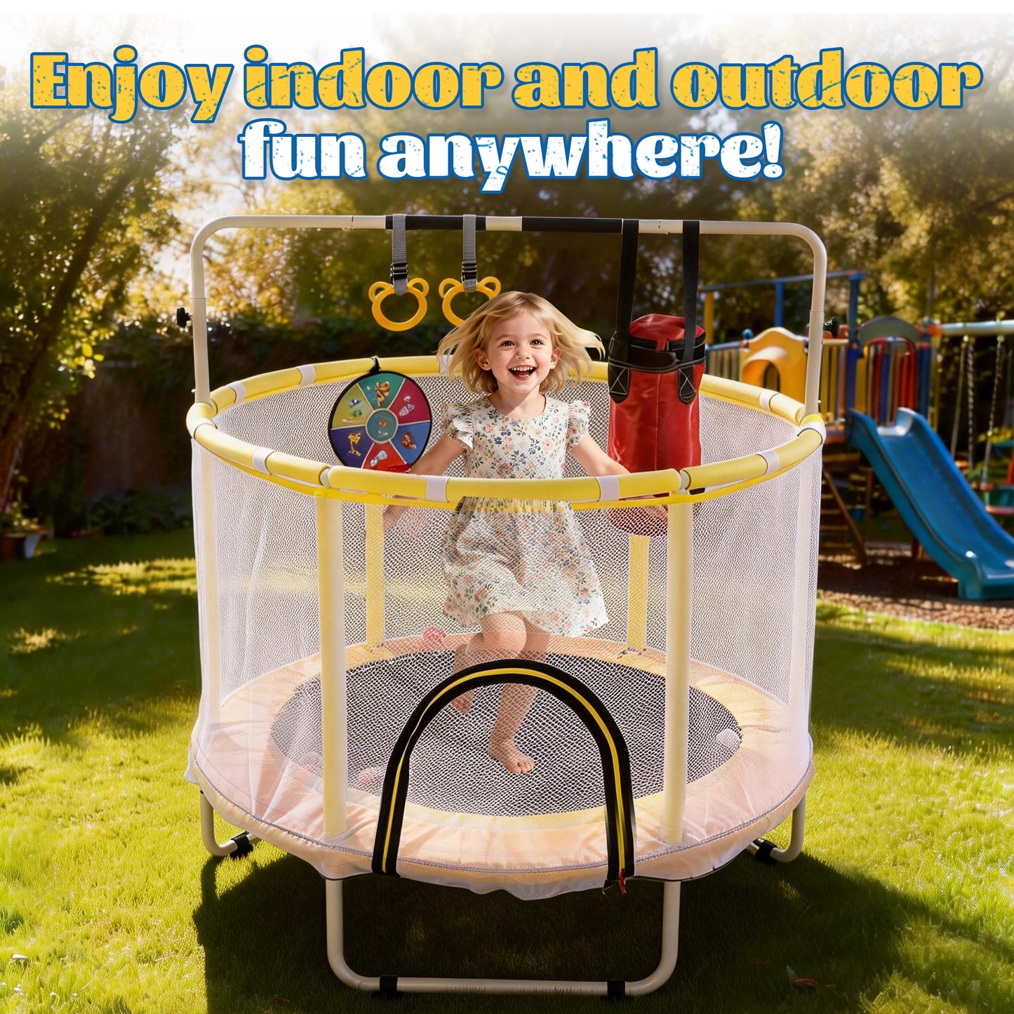 54in Mini Trampoline for Kids, SHINPT Toddler Trampoline Indoor/Outdoor, Kids Trampoline for Toddlers with Boxing Bag, Recreational Trampoline with Gymnastics Bar, Indoor Trampoline for Toddlers