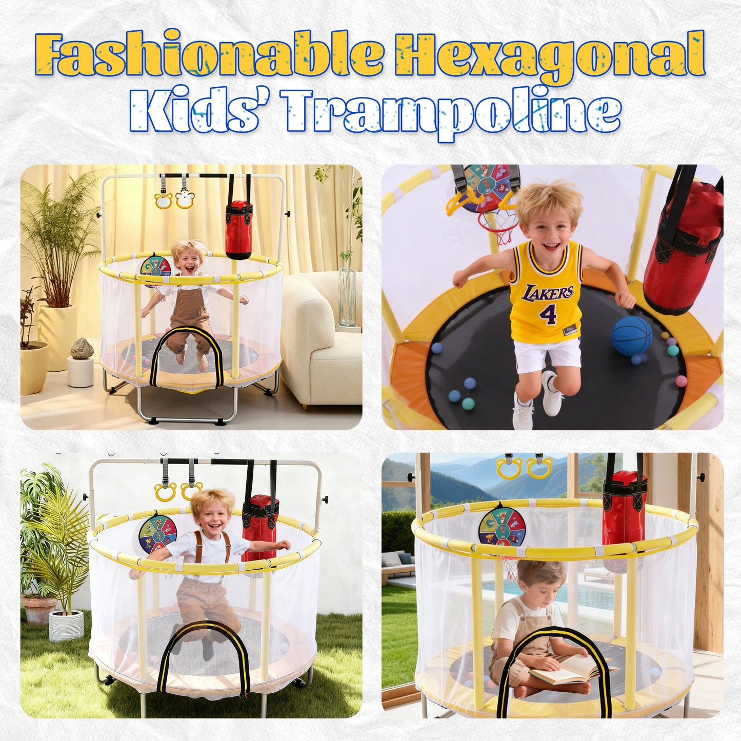 54in Mini Trampoline for Kids, SHINPT Toddler Trampoline Indoor/Outdoor, Kids Trampoline for Toddlers with Boxing Bag, Recreational Trampoline with Gymnastics Bar, Indoor Trampoline for Toddlers