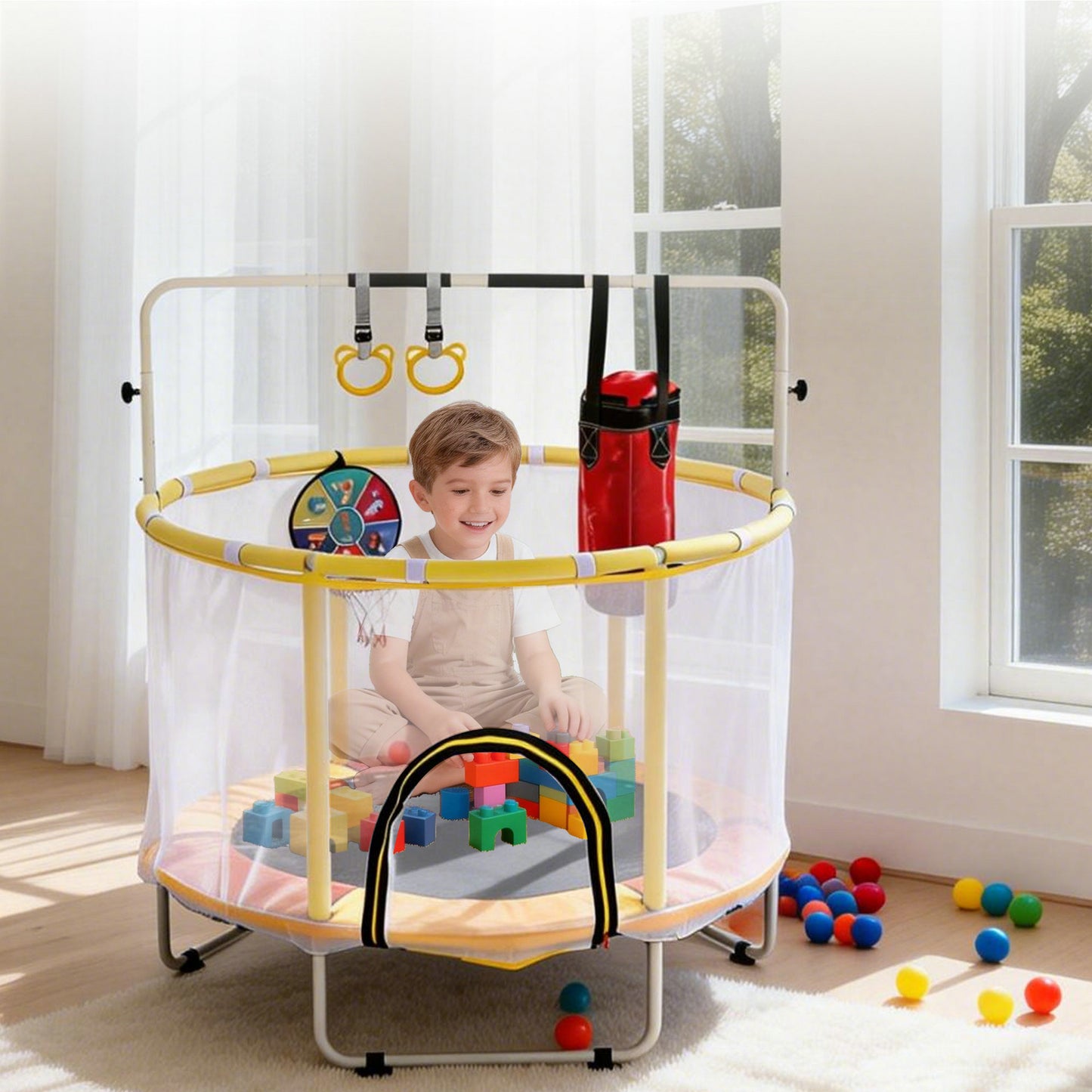 54in Mini Trampoline for Kids, SHINPT Toddler Trampoline Indoor/Outdoor, Kids Trampoline for Toddlers with Boxing Bag, Recreational Trampoline with Gymnastics Bar, Indoor Trampoline for Toddlers