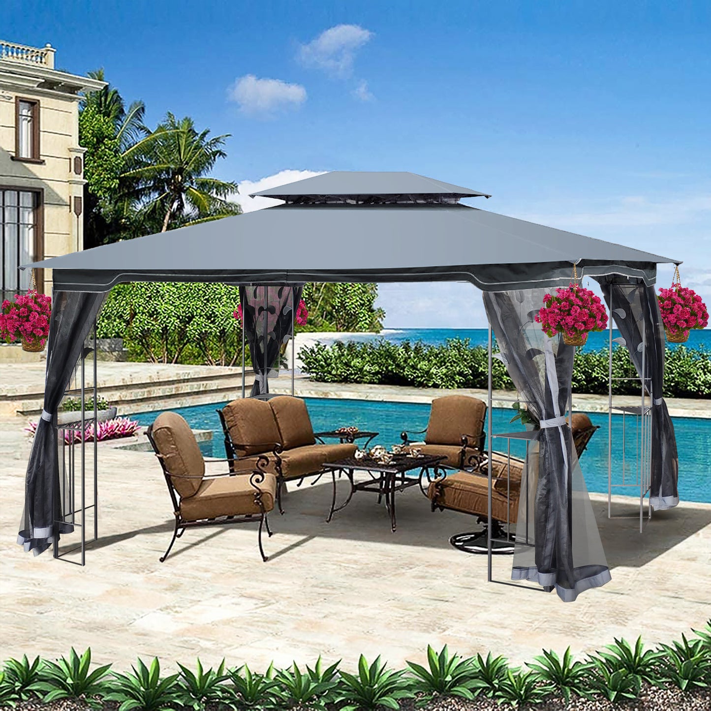 SHINPT 13'x10' Outdoor Patio Gazebo Canopy Tent with Ventilated Double Roof and Mosquito Net, Party Tent with Detachable Mesh Screen on All Sides, Suitable for Lawn, Garden, Backyard and Deck,Gray