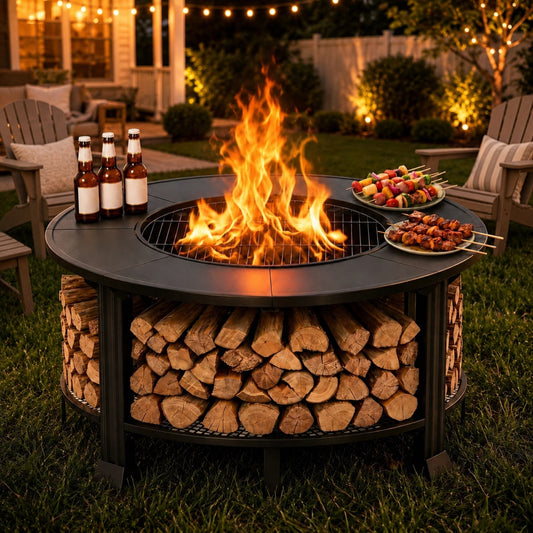 SHINPT Outdoor Fire Pit, SHINPT 38” Round Wood Burning Fire Pit Table with Grill Grate, Screen Lid, Poker and Waterproof Cover, Fire/BBQ/Storage Pit for Patio, Backyard, Garden and Camping, Black