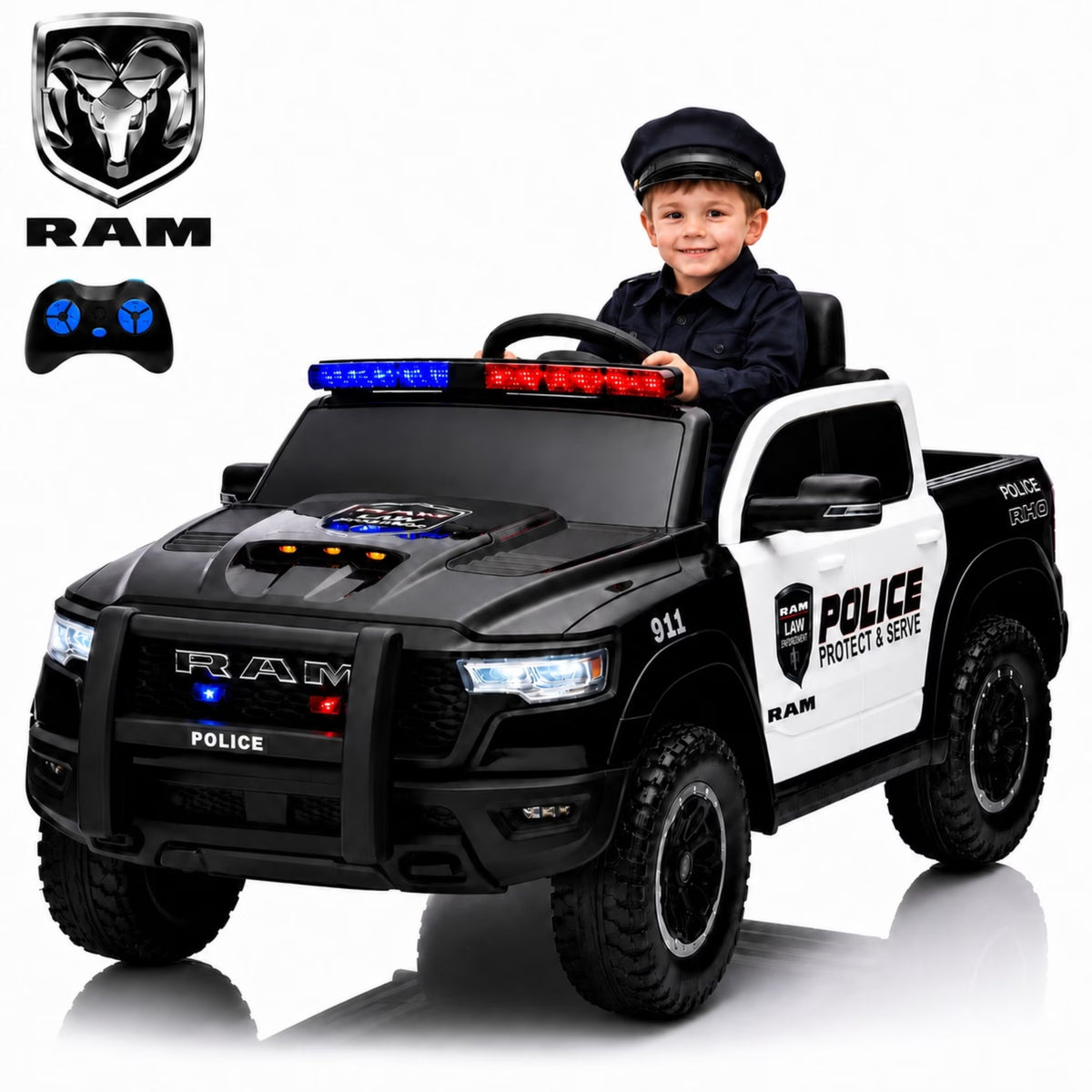 SHINPT Police Car Ride on, RAM1500 RHO Kids Electric Police Car with Parent Remote Control, 12V Powered Toddler Ride on Toy with Siren Lights, Single Seat, 1-3MPH Safe Speed for Boys Girls Ages 3-8