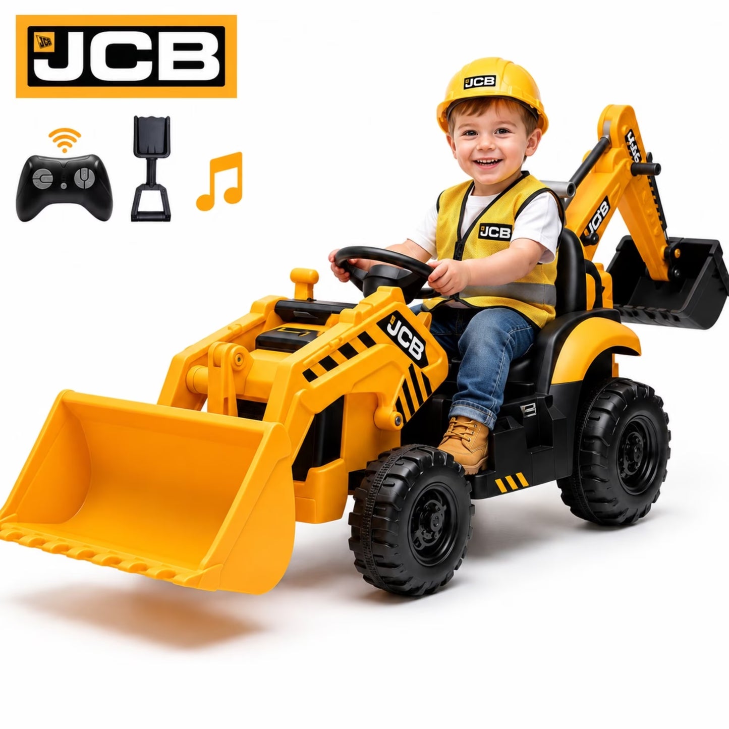 SHINPT Ride on Excavator, JCB, 24V Dual Motors,  Digger Ride on Toy, Front Loader & Backhoe, Remote Control Construction Toy, Yellow, for Toddler Boys 3-5 Years Old