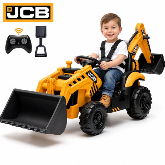 SHINPT Ride on Excavator, JCB, 24V Dual Motors,  Digger Ride on Toy, Front Loader & Backhoe, Remote Control Construction Toy, Yellow, for Toddler Boys 3-5 Years Old