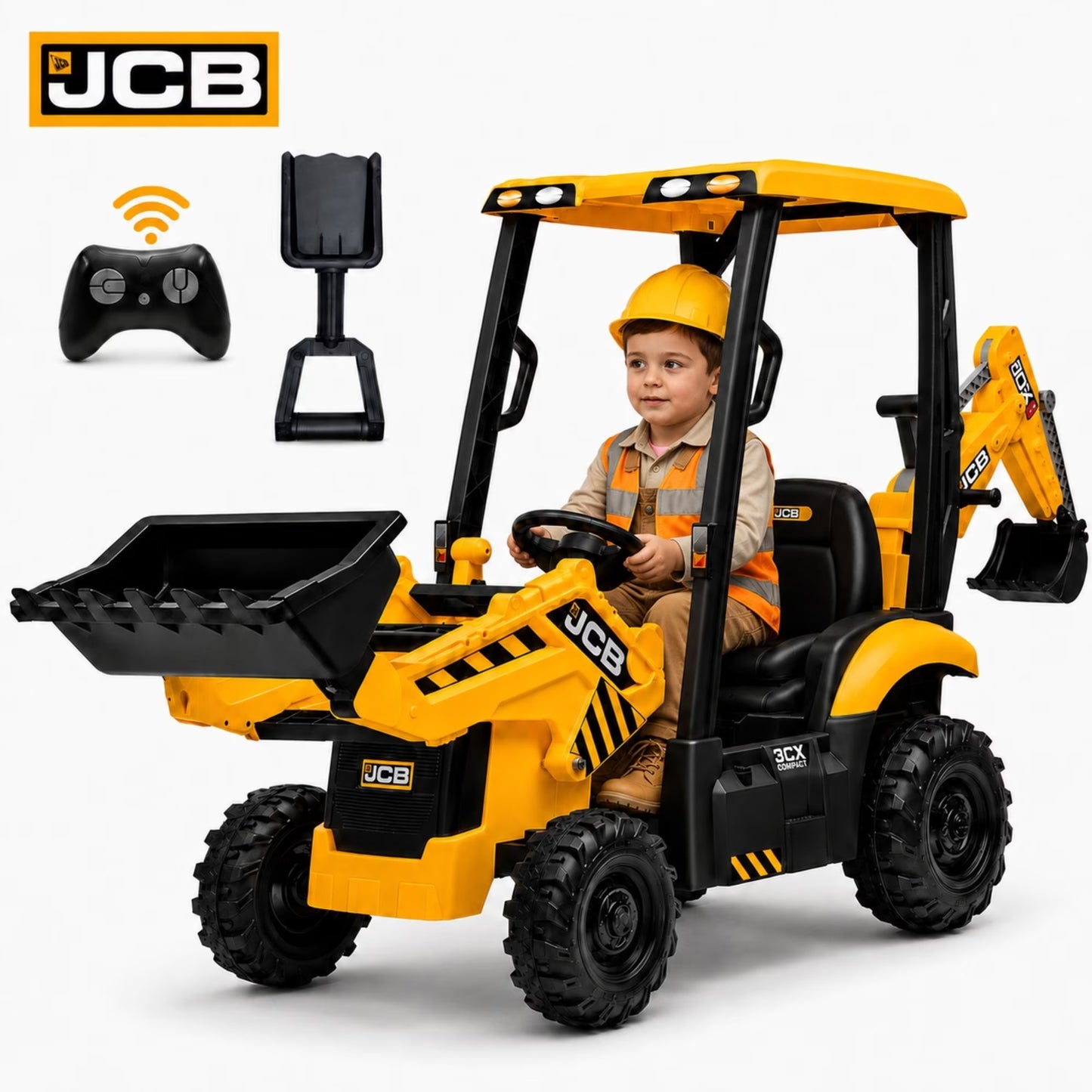 SHINPT Ride on Excavator, JCB, Realistic 2-in-1 Construction,  Toddler Excavator, Shovel & Digger, Electric Ride on Toy, 12V Battery Powered, Remote Control, Yellow, for Toddlers Boys 3-5 Years Old