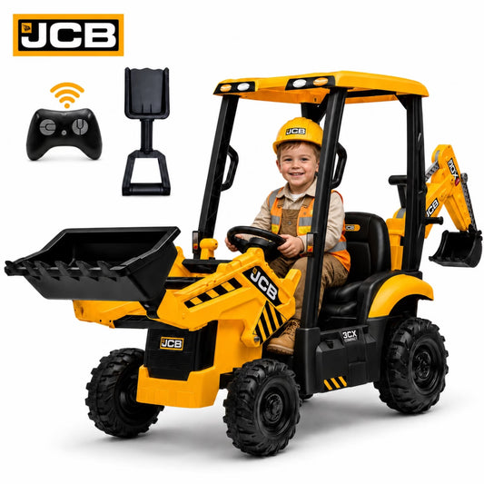 SHINPT Ride on Excavator, JCB, Realistic 2-in-1 Construction,  Toddler Excavator, Shovel & Digger, Electric Ride on Toy, 12V Battery Powered, Remote Control, Yellow, for Toddlers Boys 3-5 Years Old
