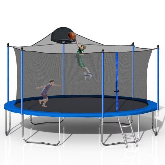 SHINPT 14FT Outdoor Trampoline with Safety Enclosure Net, ASTM Certified Reinforced Type Trampoline, Recreational Trampoline with Basketball Hoop, Ideal for Children, Park, Blue