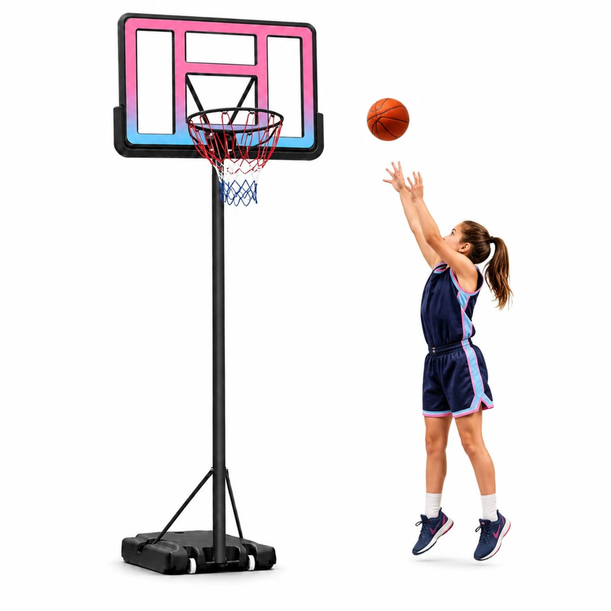 SHINPT 44-Inch Portable Basketball Hoop, 4.8-10 ft Adjustable Height Basketball Hoop with PC Backboard, Wheels and Fillable Base, Suitable for Kids, Teens and Adults, Indoor/Outdoor Play, Black