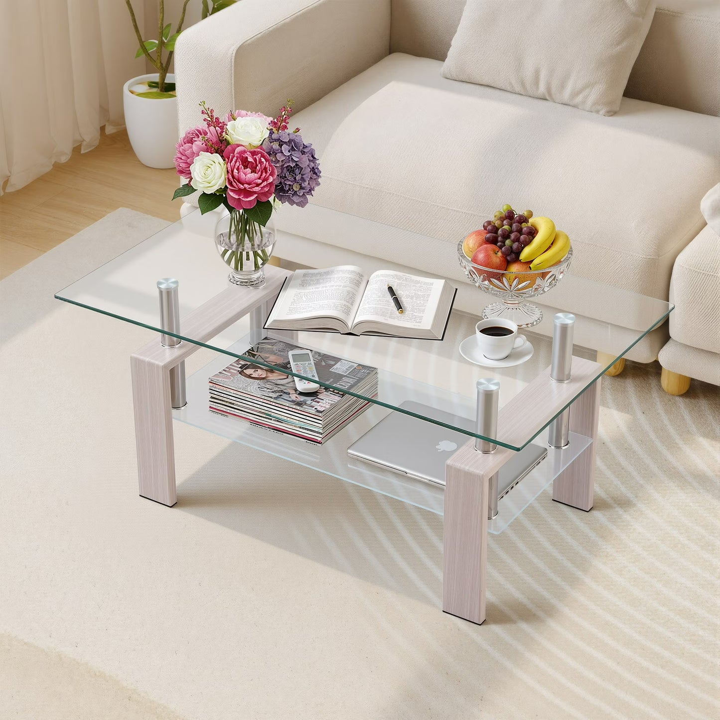 SHINPT Glass Coffee Table with Storage, Rectangle Coffee Table with Metal Legs for Living Room, Modern Coffee Table with Tempered Glass Tabletop, Center Table for Small Apartment, Office