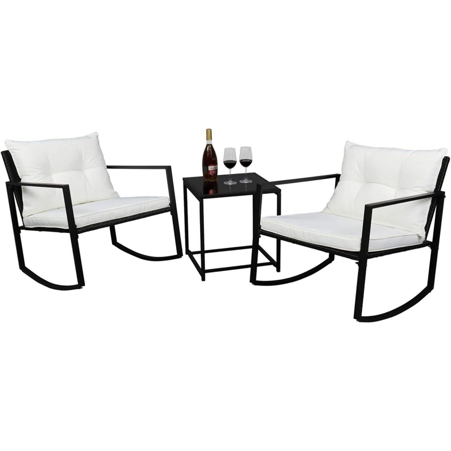 Shinpt 3-Piece Patio Furniture Set with Single 2pcs Coffee Table 1pc Exposed Rocking Chair, Modern Bistro Set Rattan Chair Conversation Sets for Garden and Patio, White Cushion and Black Table