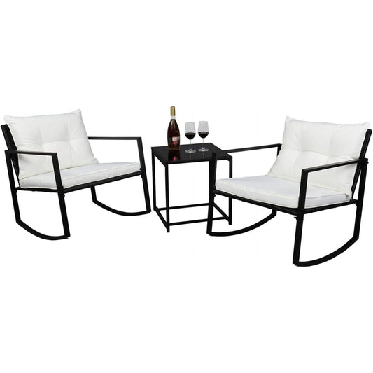 Shinpt 3-Piece Patio Furniture Set with Single 2pcs Coffee Table 1pc Exposed Rocking Chair, Modern Bistro Set Rattan Chair Conversation Sets for Garden and Patio, White Cushion and Black Table