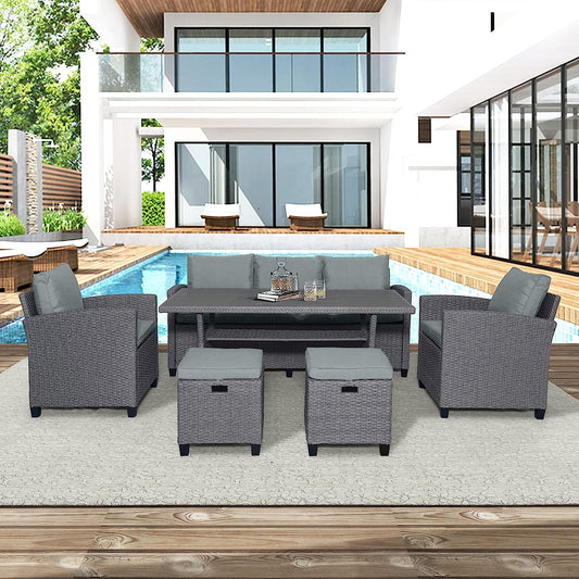 Shinpt 6-Piece Patio Furniture Set with Sofa, Chair, Stools and Table, Outdoor Rattan Wicker Set for Patio, Garden, Backyard, Outdoor Sectional Furniture Set(Gray Rattan+Gray Cushion)