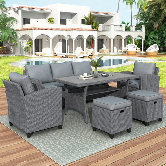 Shinpt Outdoor Rattan Wicker Set with Sofa, Chair, Stools and Table, 6-Piece Patio Furniture Set for Patio, Garden, Backyard, Outdoor Sectional Furniture Chair Set(Gray Rattan+Gray Cushion)