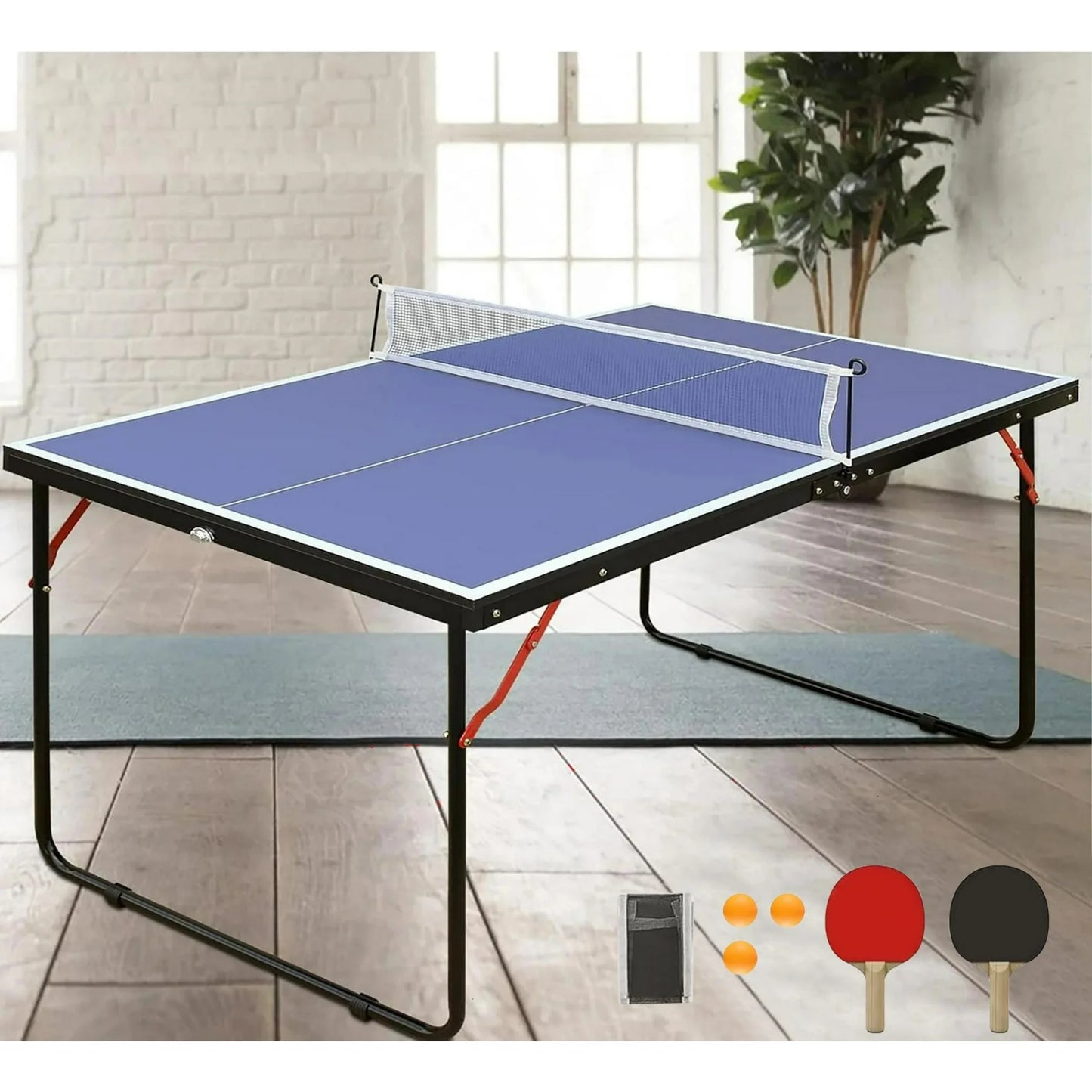 Foldable Table Tennis Table with Clamp Ping Pong Net and Post Set, PortableOutdoor Ping Pong Table with 2 Table Tennis Paddles and 3 Balls, Blue