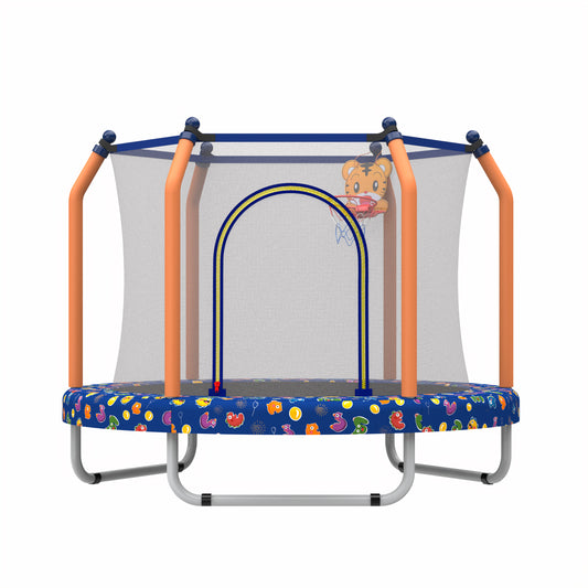 55" Toddler Trampoline with Basketball Hoop, Shinpt Mini Trampoline for Kids, Recreational Trampoline for Birthday Gift, Outdoor Trampoline with Enclosure Net, Round Trampoline Backyard, Indoor