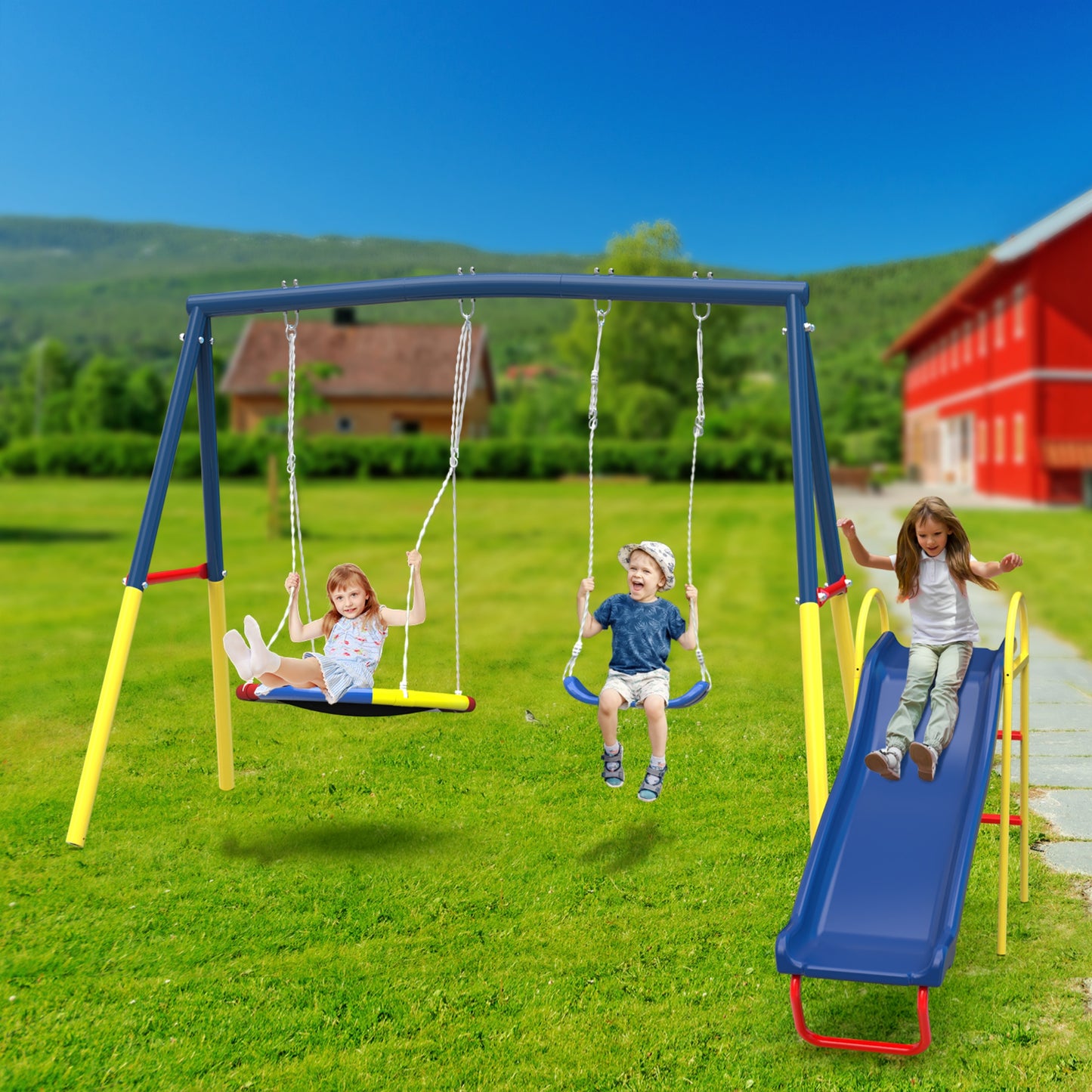 3 in 1 Metal Swing Set Outdoor , SHINPT Toddler Swing Set for Backyard, Tall Swing Set with Climbing Rope, Saucer Swing Seat, Belt Swings Seat, Heavy Duty Swing Set for kids, Kids Playset Outdoor