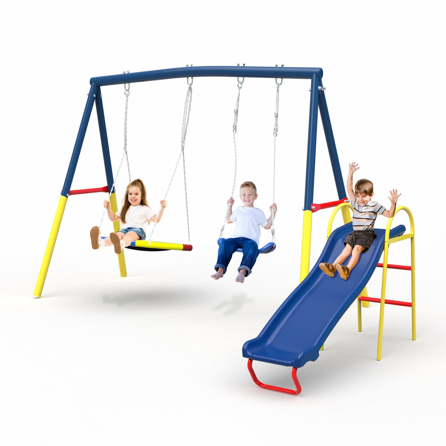 3 in 1 Metal Swing Set Outdoor , SHINPT Toddler Swing Set for Backyard, Tall Swing Set with Climbing Rope, Saucer Swing Seat, Belt Swings Seat, Heavy Duty Swing Set for kids, Kids Playset Outdoor