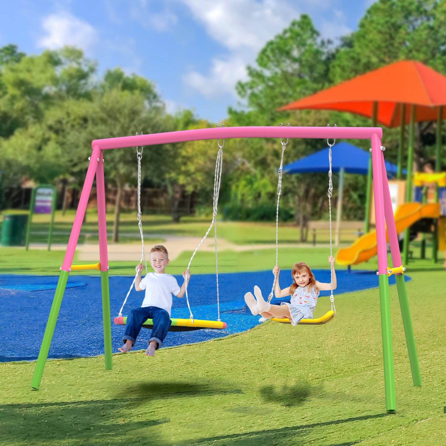 2 in 1 Swing Set Outdoor for Backyard, SHINPT Heavy Duty Swing Set, Toddler Swing Set with 1 Saucer Swing Seat and 1 Belt Swings Seat, Outside Swing Set for kids, Metal Swing Frame Outdoor