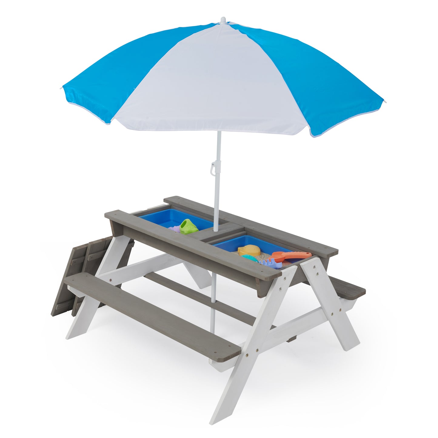 Kids Folding Picnic Table, SHINPT Wooden Picnic Table with Umbrella, 3 in 1 Sand & Water Table for Kids, Kids Outdoor Wooden Picnic Table with 2 Trays, Picnic Set for Backyard, Garden, Beach