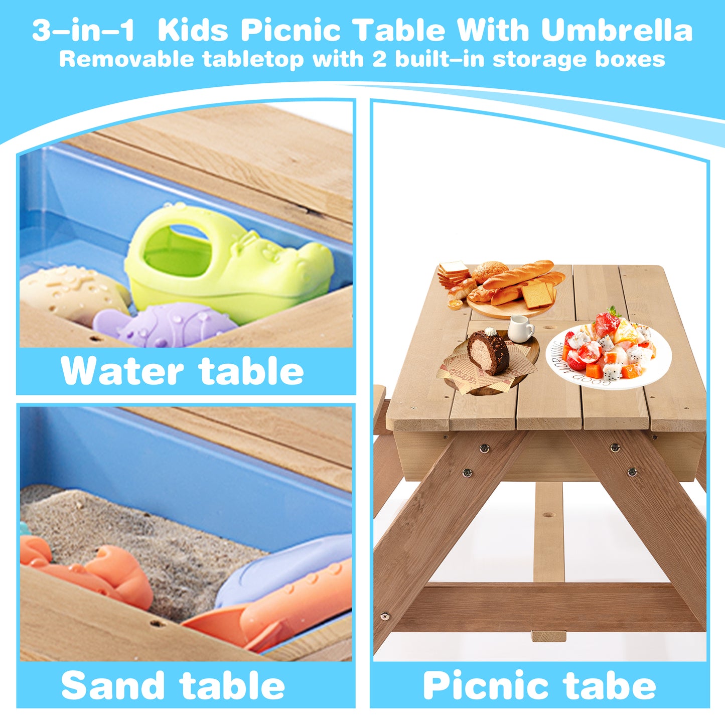 Kids Folding Picnic Table, SHINPT Wooden Picnic Table with Umbrella, 3 in 1 Sand & Water Table for Kids, Kids Outdoor Wooden Picnic Table with 2 Trays, Picnic Set for Backyard, Garden, Beach