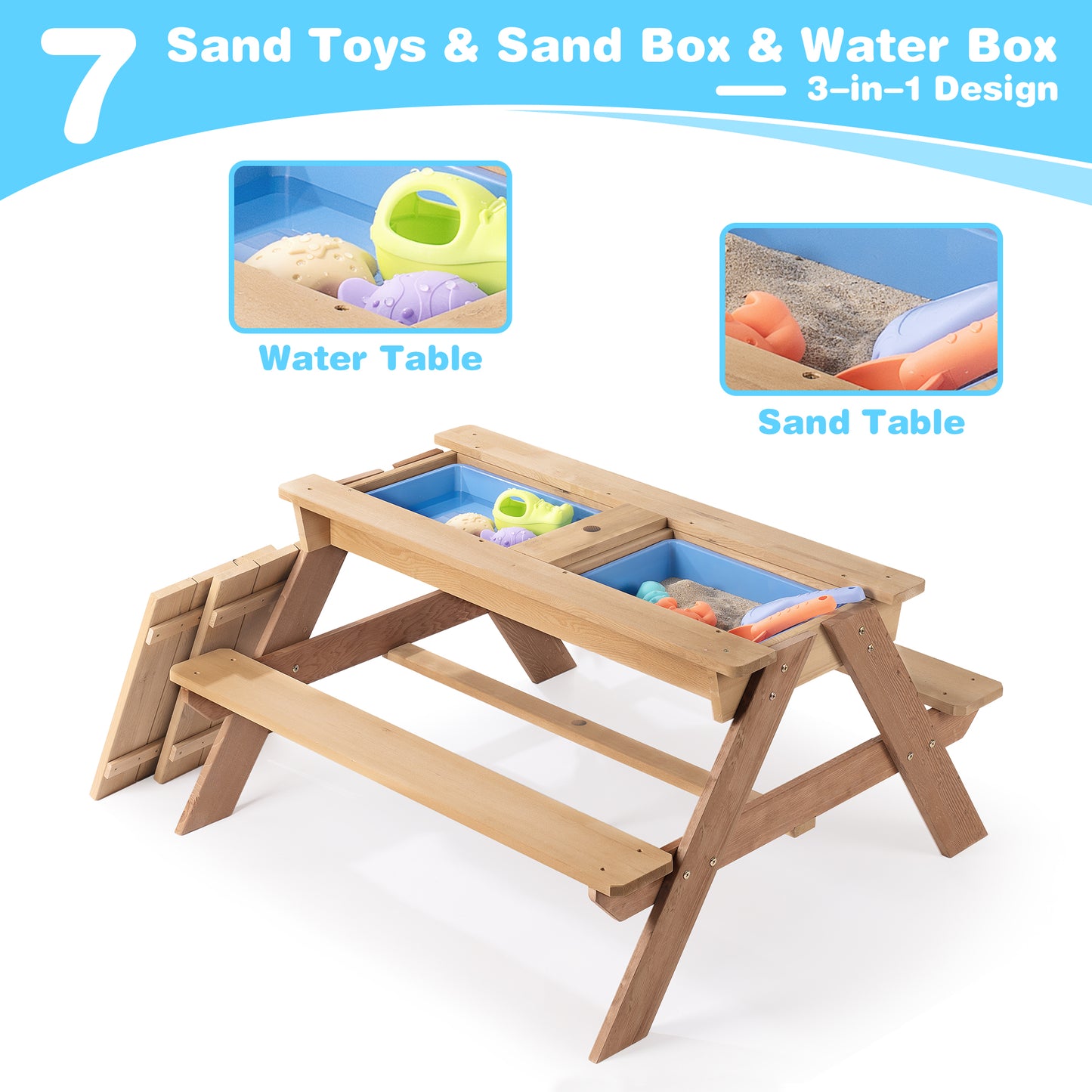 Kids Folding Picnic Table, SHINPT Wooden Picnic Table with Umbrella, 3 in 1 Sand & Water Table for Kids, Kids Outdoor Wooden Picnic Table with 2 Trays, Picnic Set for Backyard, Garden, Beach