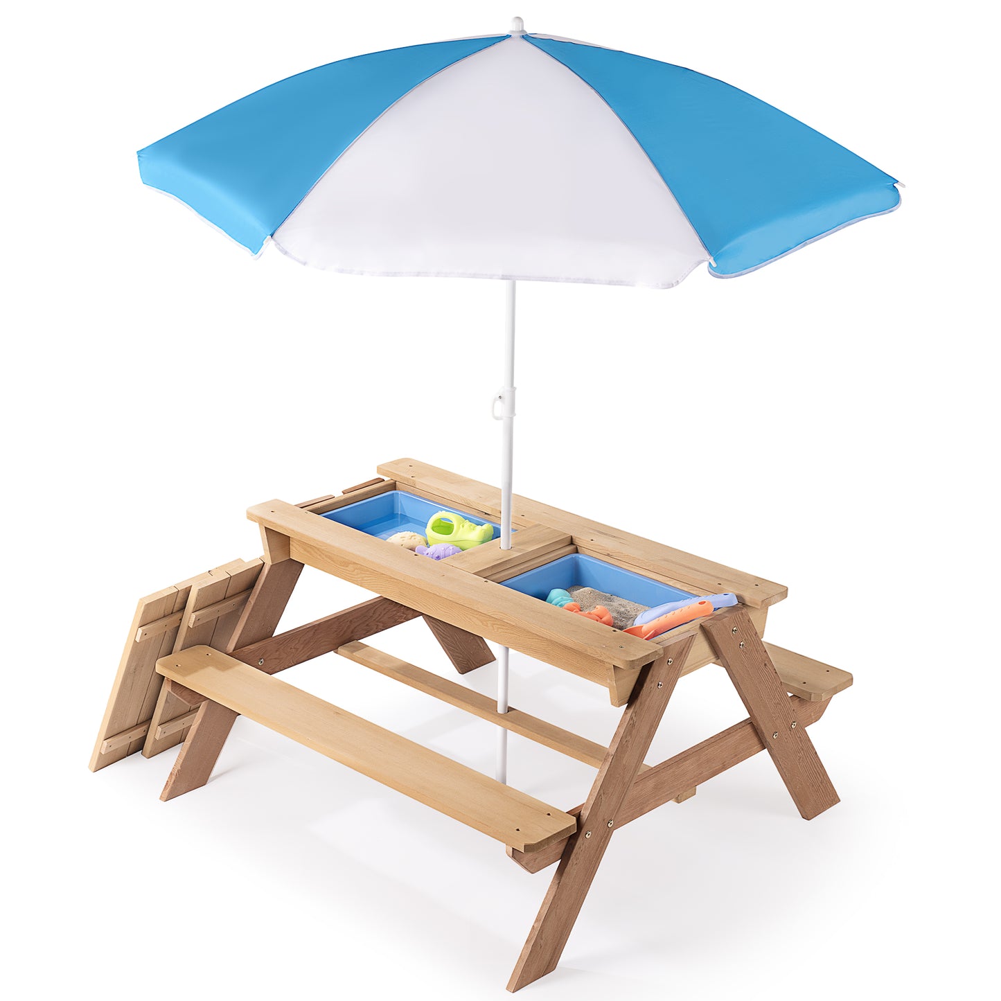 Kids Folding Picnic Table, SHINPT Wooden Picnic Table with Umbrella, 3 in 1 Sand & Water Table for Kids, Kids Outdoor Wooden Picnic Table with 2 Trays, Picnic Set for Backyard, Garden, Beach