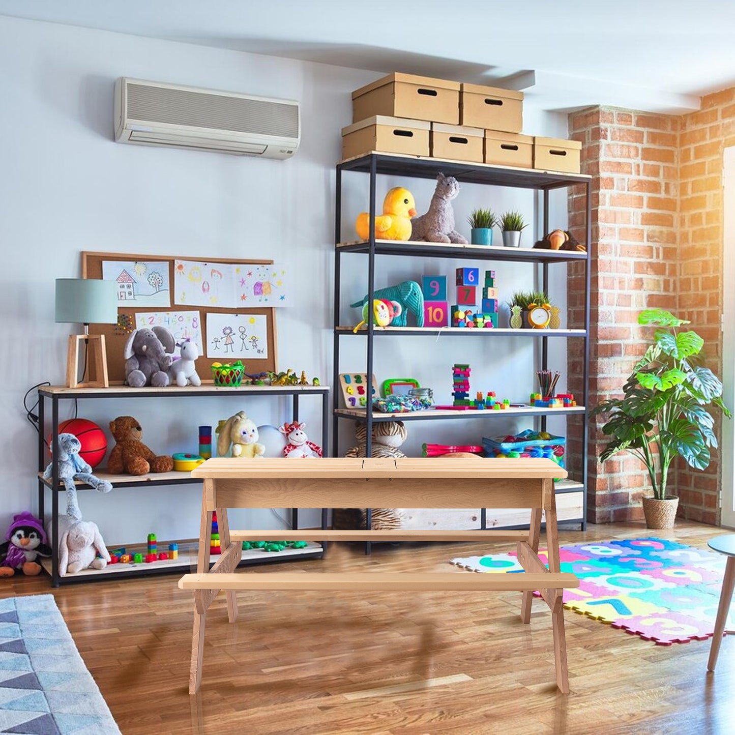 Kids Folding Picnic Table, SHINPT Wooden Picnic Table with Umbrella, 3 in 1 Sand & Water Table for Kids, Kids Outdoor Wooden Picnic Table with 2 Trays, Picnic Set for Backyard, Garden, Beach