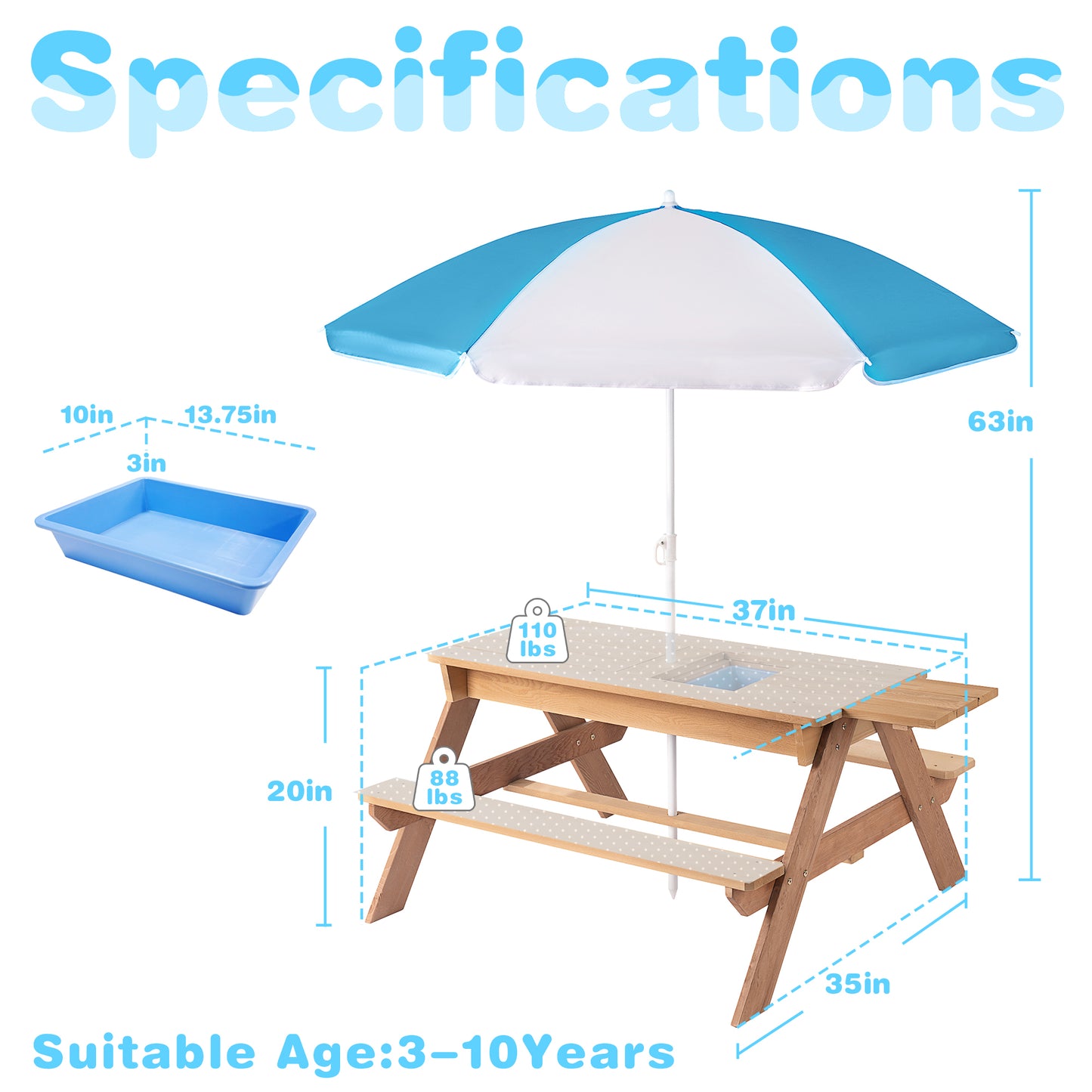 Kids Folding Picnic Table, SHINPT Wooden Picnic Table with Umbrella, 3 in 1 Sand & Water Table for Kids, Kids Outdoor Wooden Picnic Table with 2 Trays, Picnic Set for Backyard, Garden, Beach