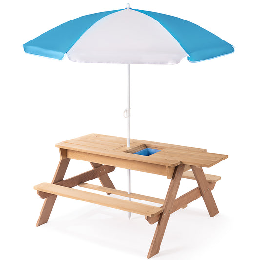 Kids Folding Picnic Table, SHINPT Wooden Picnic Table with Umbrella, 3 in 1 Sand & Water Table for Kids, Kids Outdoor Wooden Picnic Table with 2 Trays, Picnic Set for Backyard, Garden, Beach