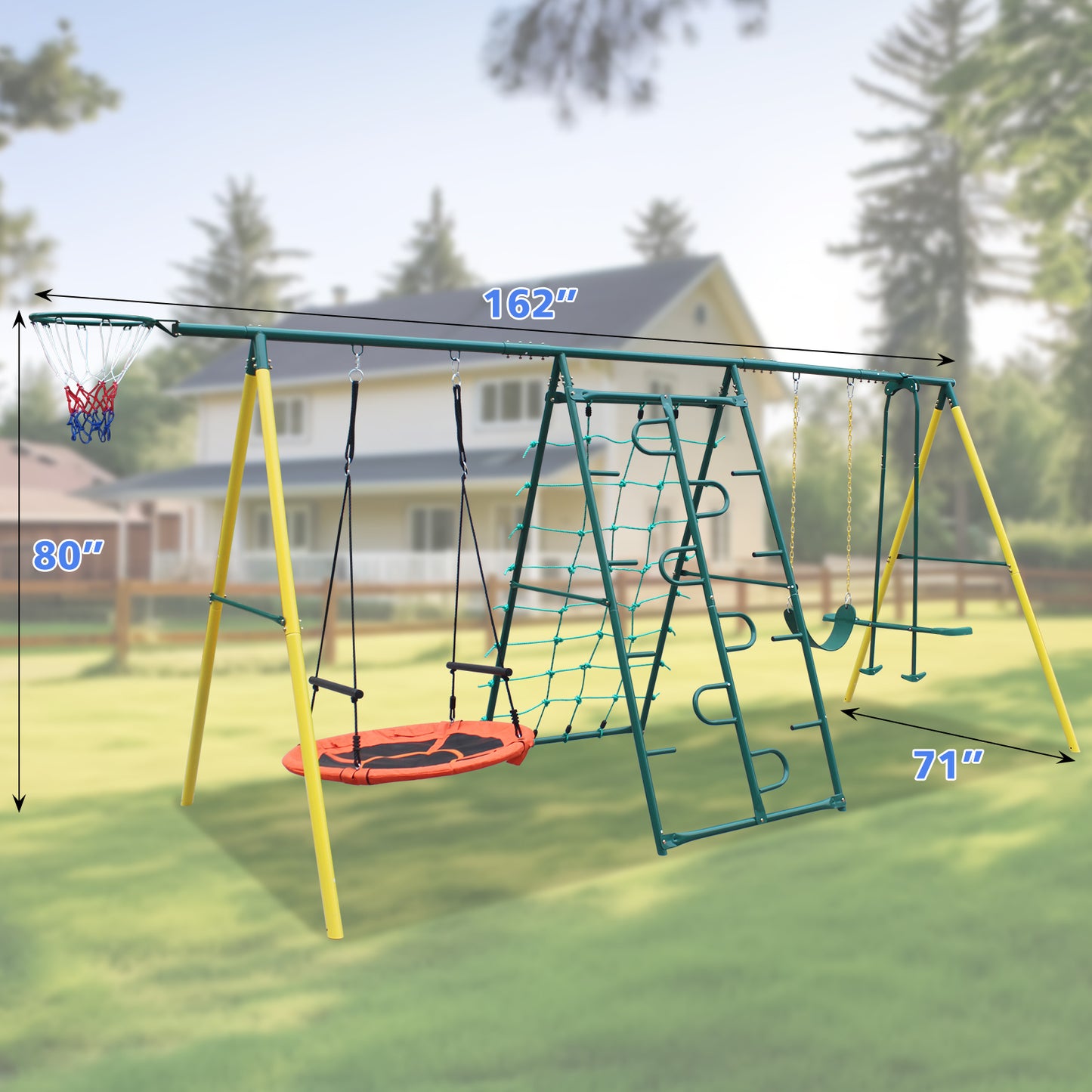 6 in 1 Kids Swing Set for Backyard, SHINPT Swing Set Outdoor for Kids, Heavy Duty Swing Set with Climbing Frame, Climbing Net, Glider, Hammock Swing, Belt Swing, Basketballhoop, Swing Frame Outdoor