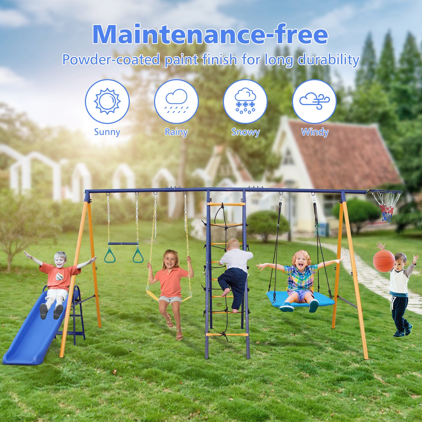 7 in 1 Metal Swing Set for Backyard, SHINPT Swing Set Outdoor for Kids, A-Frame Heavy Duty Swing Set, Toddler Swing set with Slide, Basketball Hoop, 2 Swing Seats, 1 Climbing Net & Ladder, 1 Gym Ring