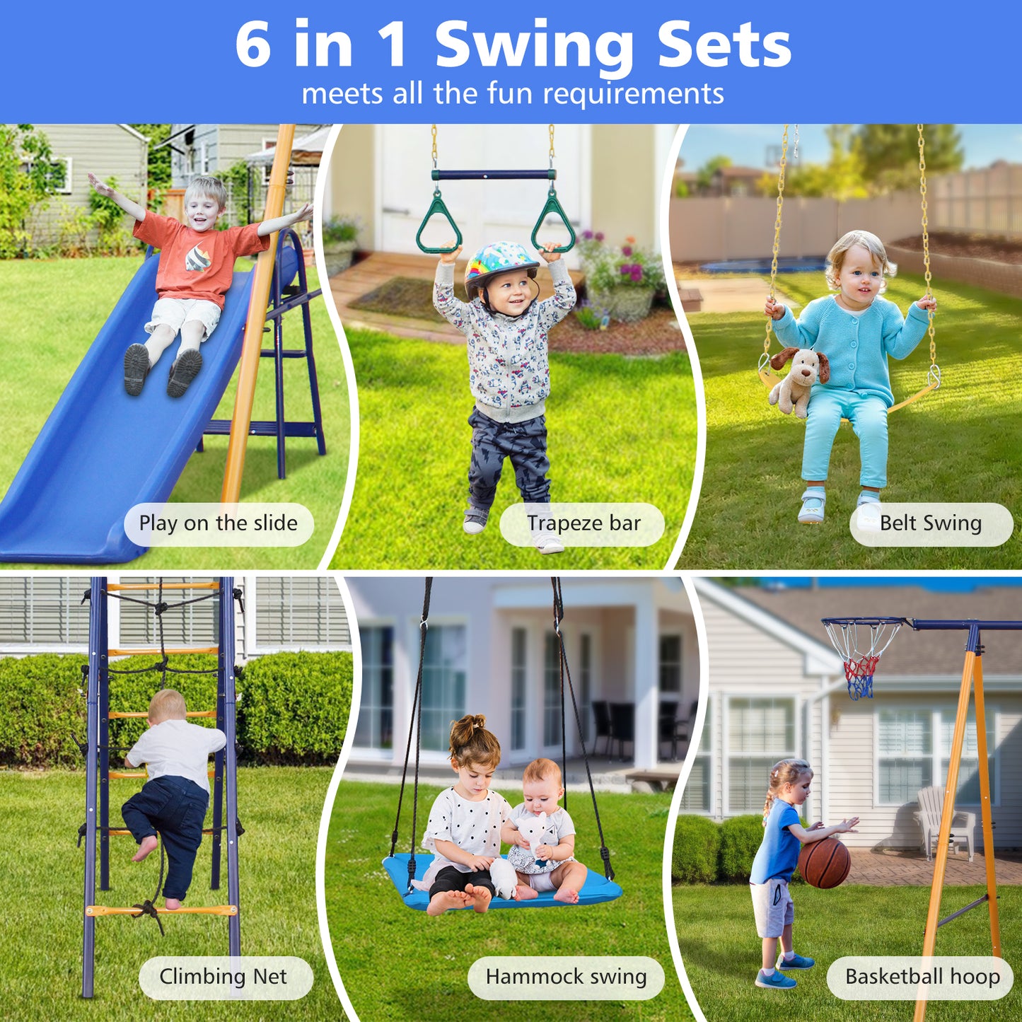 7 in 1 Metal Swing Set for Backyard, SHINPT Swing Set Outdoor for Kids, A-Frame Heavy Duty Swing Set, Toddler Swing set with Slide, Basketball Hoop, 2 Swing Seats, 1 Climbing Net & Ladder, 1 Gym Ring