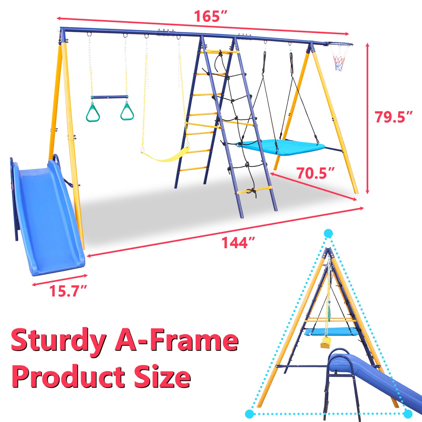 7 in 1 Metal Swing Set for Backyard, SHINPT Swing Set Outdoor for Kids, A-Frame Heavy Duty Swing Set, Toddler Swing set with Slide, Basketball Hoop, 2 Swing Seats, 1 Climbing Net & Ladder, 1 Gym Ring