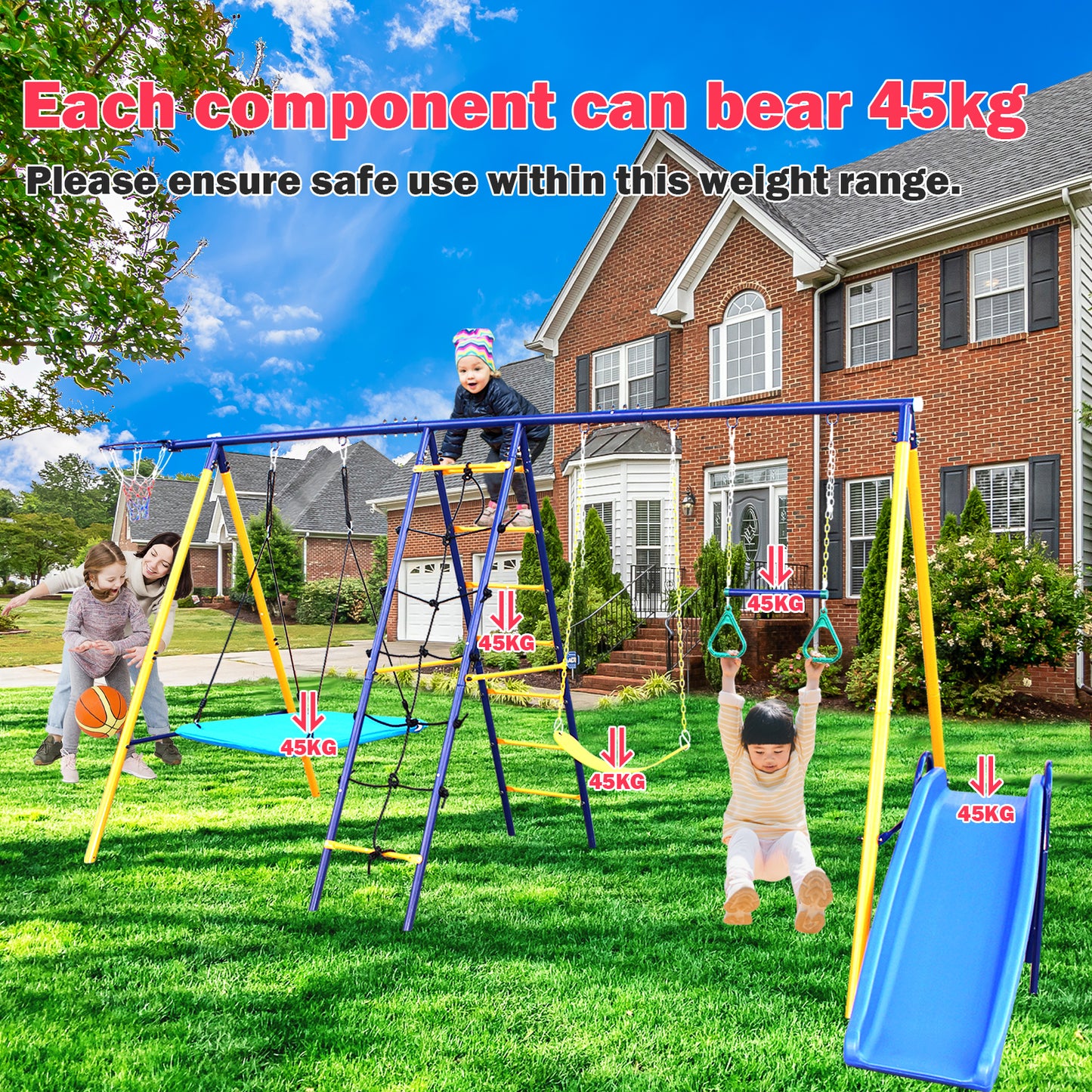 7 in 1 Metal Swing Set for Backyard, SHINPT Swing Set Outdoor for Kids, A-Frame Heavy Duty Swing Set, Toddler Swing set with Slide, Basketball Hoop, 2 Swing Seats, 1 Climbing Net & Ladder, 1 Gym Ring