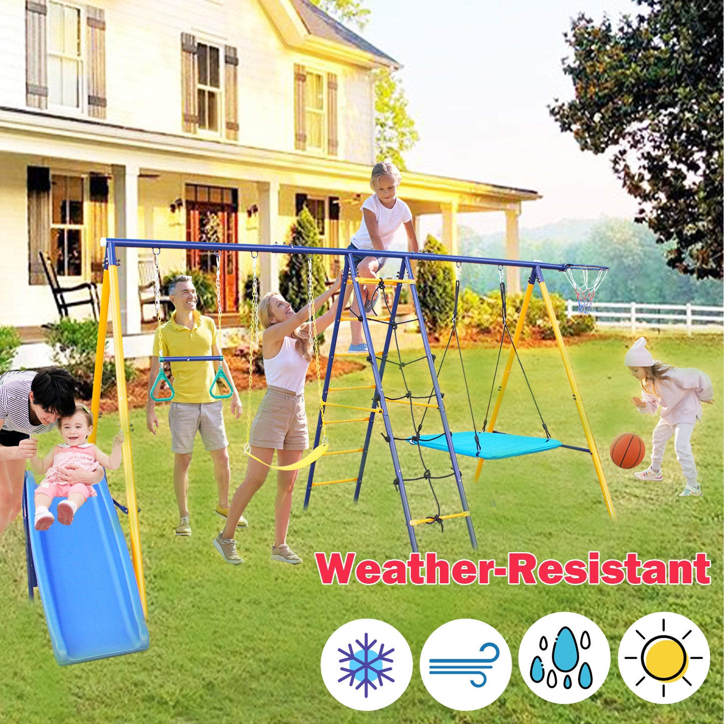 7 in 1 Metal Swing Set for Backyard, SHINPT Swing Set Outdoor for Kids, A-Frame Heavy Duty Swing Set, Toddler Swing set with Slide, Basketball Hoop, 2 Swing Seats, 1 Climbing Net & Ladder, 1 Gym Ring
