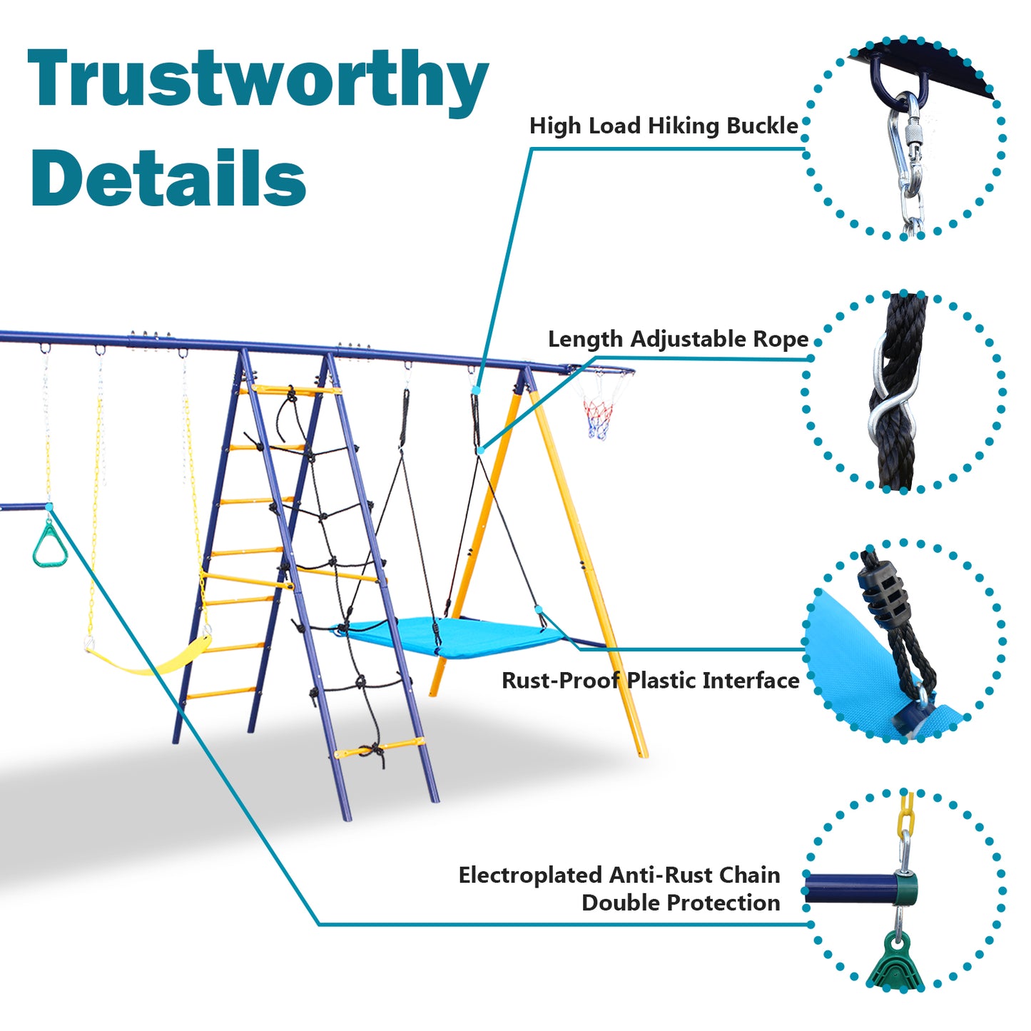 7 in 1 Metal Swing Set for Backyard, SHINPT Swing Set Outdoor for Kids, A-Frame Heavy Duty Swing Set, Toddler Swing set with Slide, Basketball Hoop, 2 Swing Seats, 1 Climbing Net & Ladder, 1 Gym Ring
