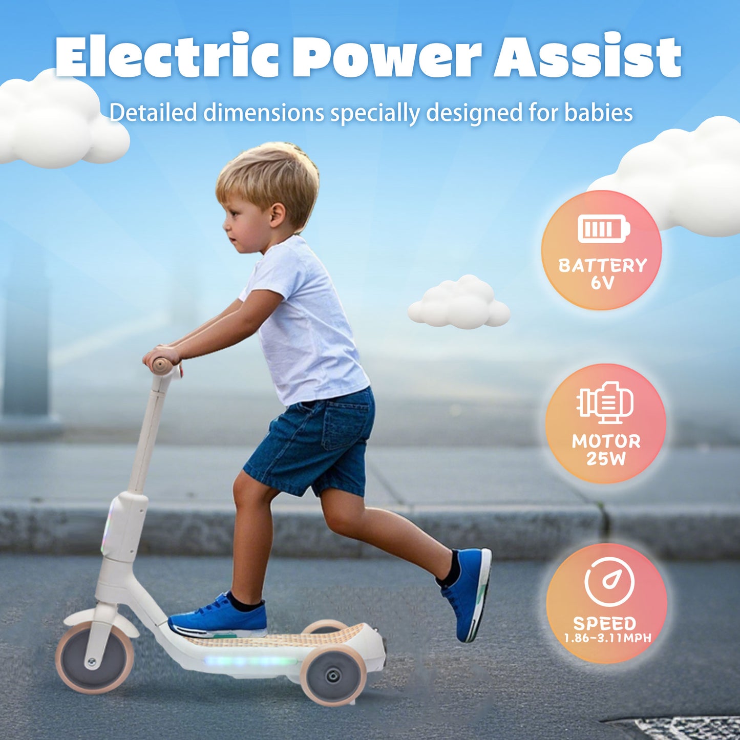 Kids Scooters Age 3-8, SHINPT Toys For 3-8 year old Boys and Girls, Kids Electric Scooter with Tail Color Lights and W/Spray, Toddler Scooter with Wider Pedal, Independent Light Switch With Music