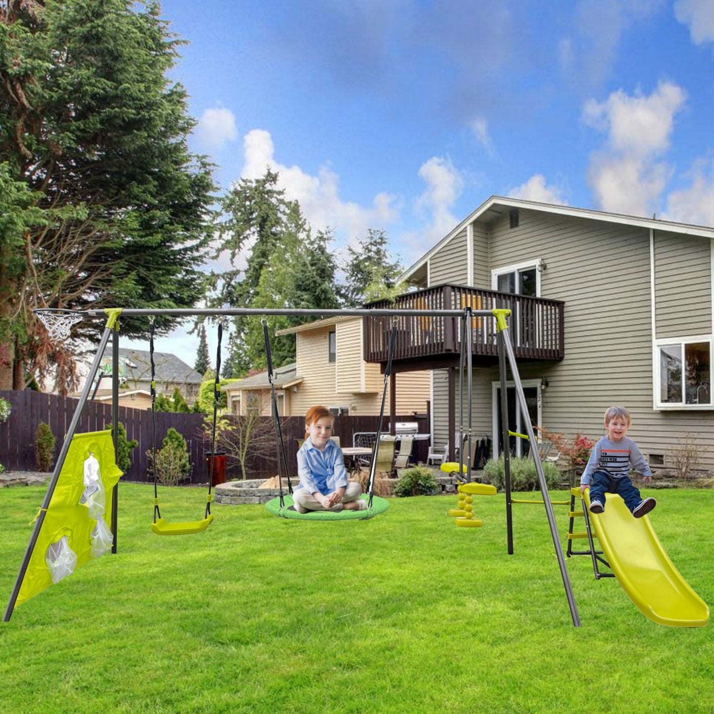 6 in 1 Outdoor Swing for Kids, SHINPT Metal Swing Set for Backyard, Lifetime Swing Set with Slide, Glider, Belt Swing, Soccer Net, Saucer Swing, Toddler Swing Set Outside for Lawn, Garden, Yard