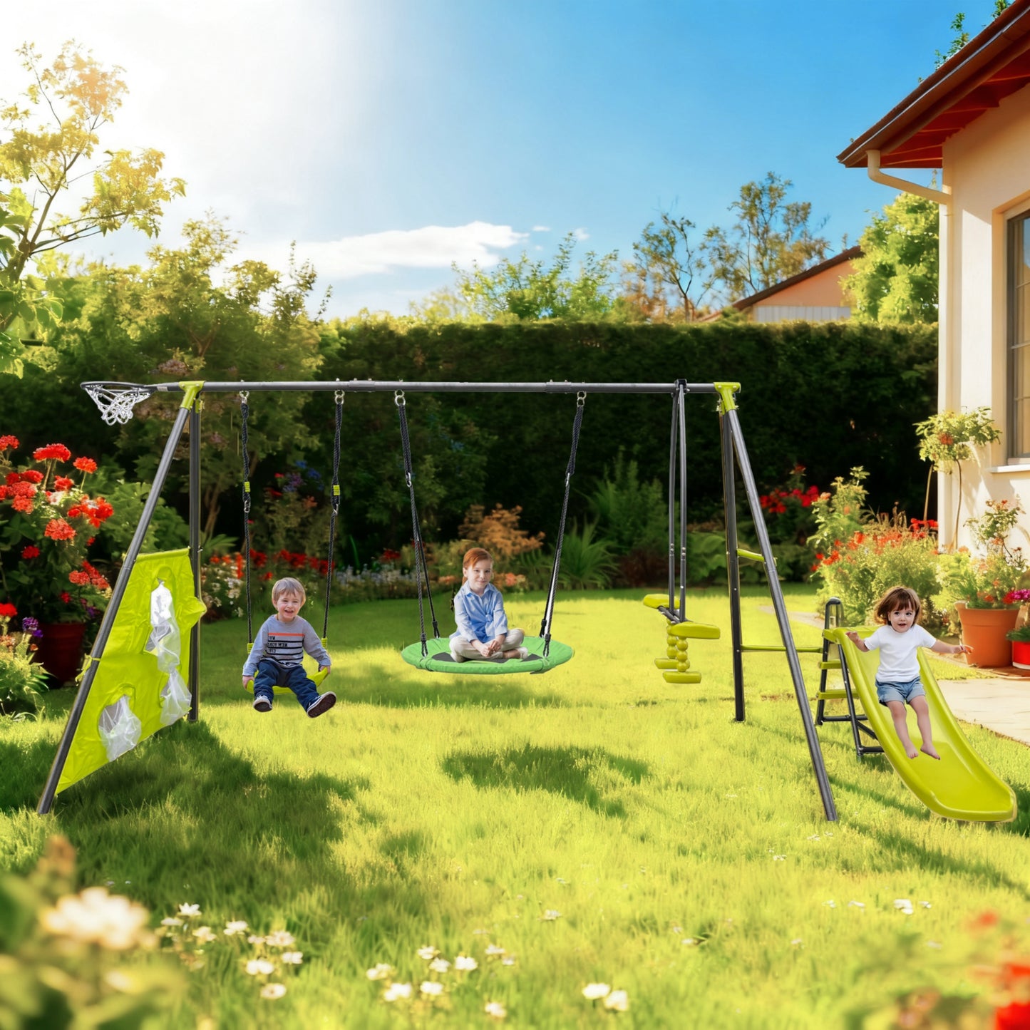 6 in 1 Outdoor Swing for Kids, SHINPT Metal Swing Set for Backyard, Lifetime Swing Set with Slide, Glider, Belt Swing, Soccer Net, Saucer Swing, Toddler Swing Set Outside for Lawn, Garden, Yard