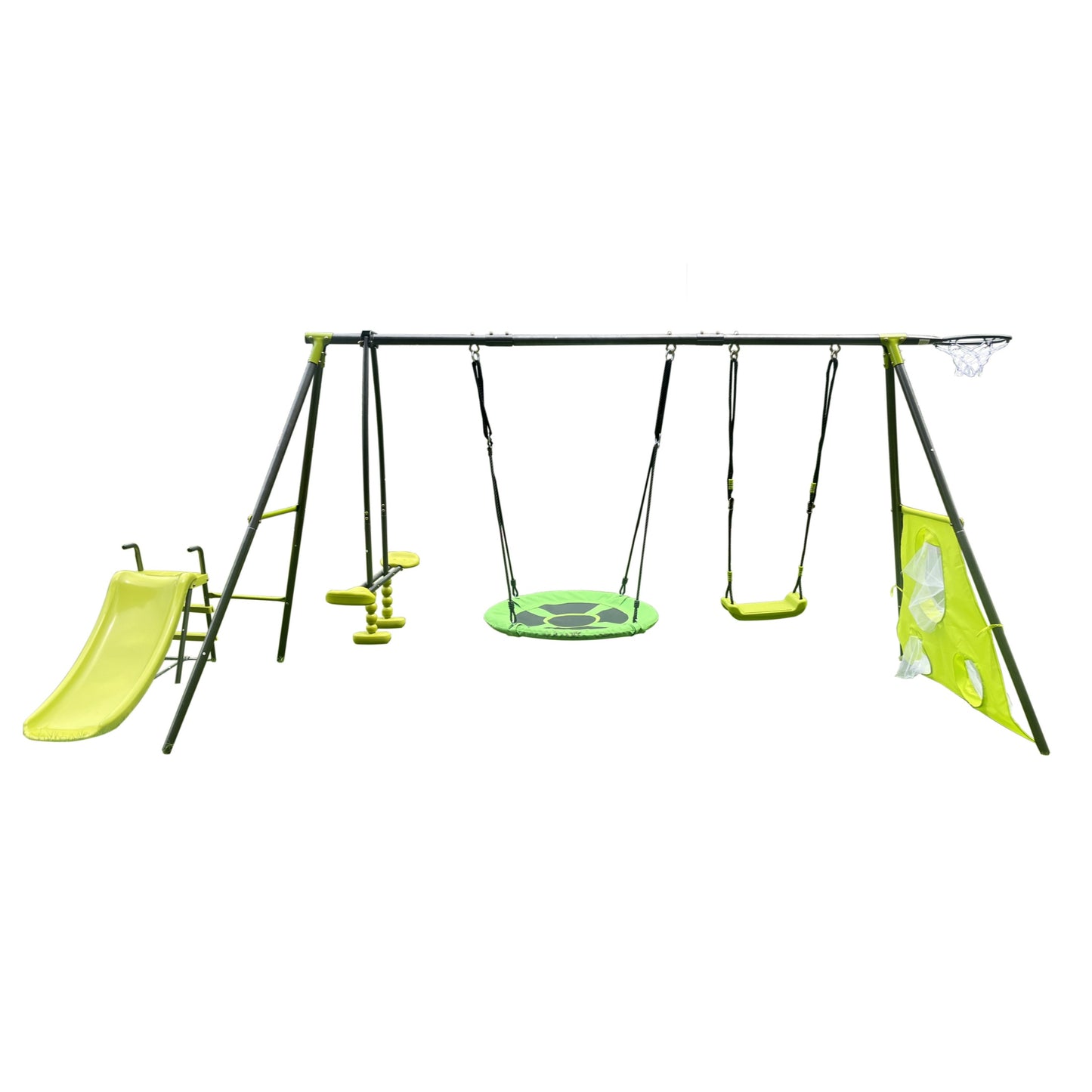 6 in 1 Outdoor Swing for Kids, SHINPT Metal Swing Set for Backyard, Lifetime Swing Set with Slide, Glider, Belt Swing, Soccer Net, Saucer Swing, Toddler Swing Set Outside for Lawn, Garden, Yard