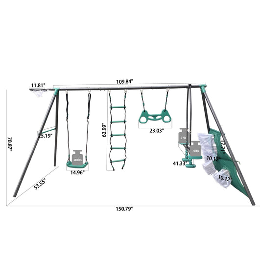 6 in 1 Kids Swing Set for Backyard, SHINPT Swing Set Outdoor for Kids, Heavy Duty Swing Set with Climbing Frame, Glider, Belt Swing, Basketballhoop,Soccer Net, Hanging ring, Swing Frame Outdoor