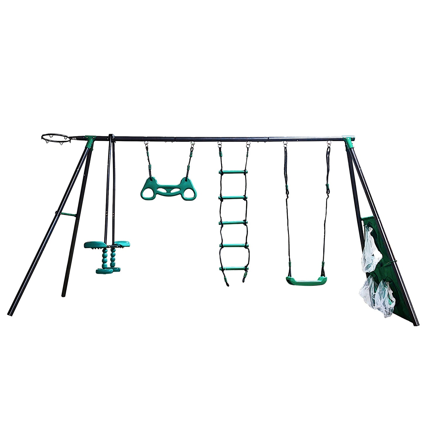 6 in 1 Kids Swing Set for Backyard, SHINPT Swing Set Outdoor for Kids, Heavy Duty Swing Set with Climbing Frame, Climbing Net, Glider, Hammock Swing, Belt Swing, Basketballhoop, Swing Frame Outdoor