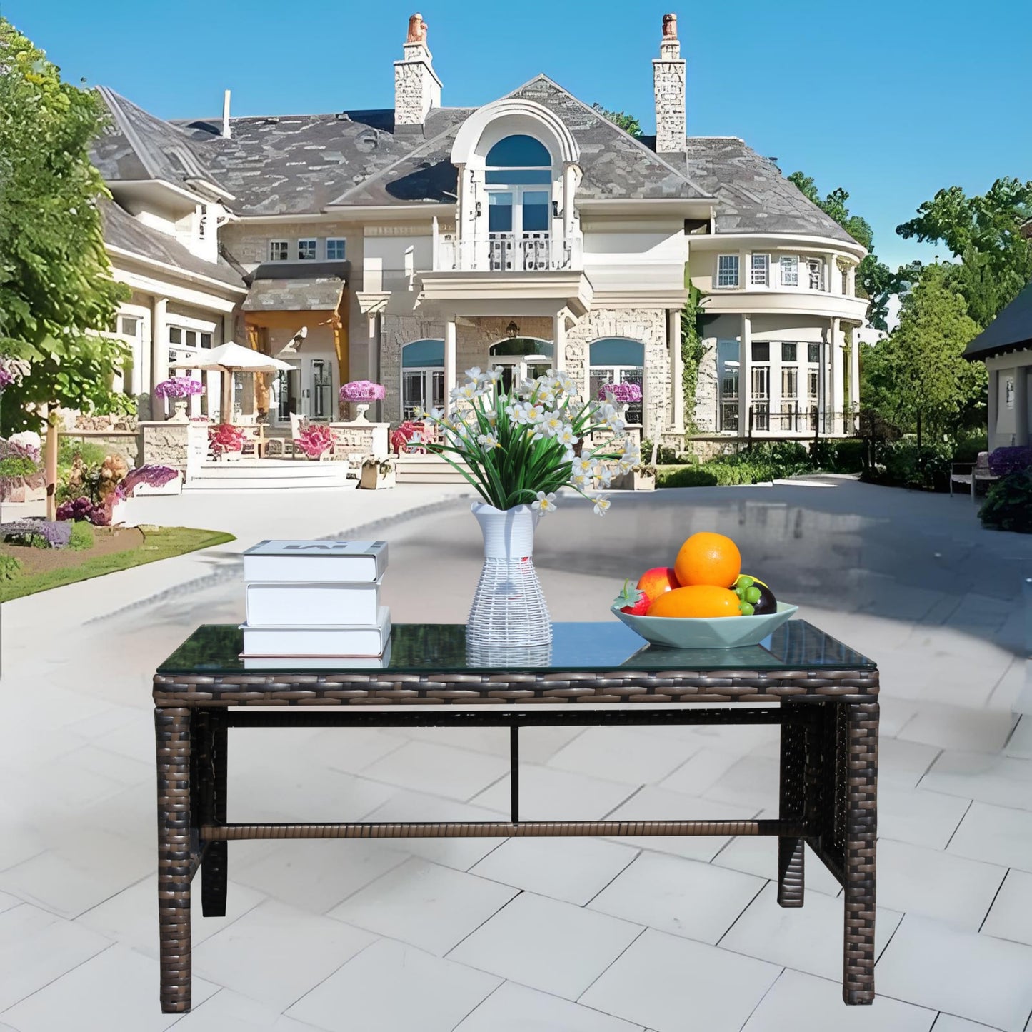 Outdoor Coffee Table for Patio, SHINPT Wicker Side Table, Rattan Coffee Table with Clear Tempered Glass, Glass Side Table for Backyard, Lawn, Outdoor Side Table for Yard, Patio, Garden