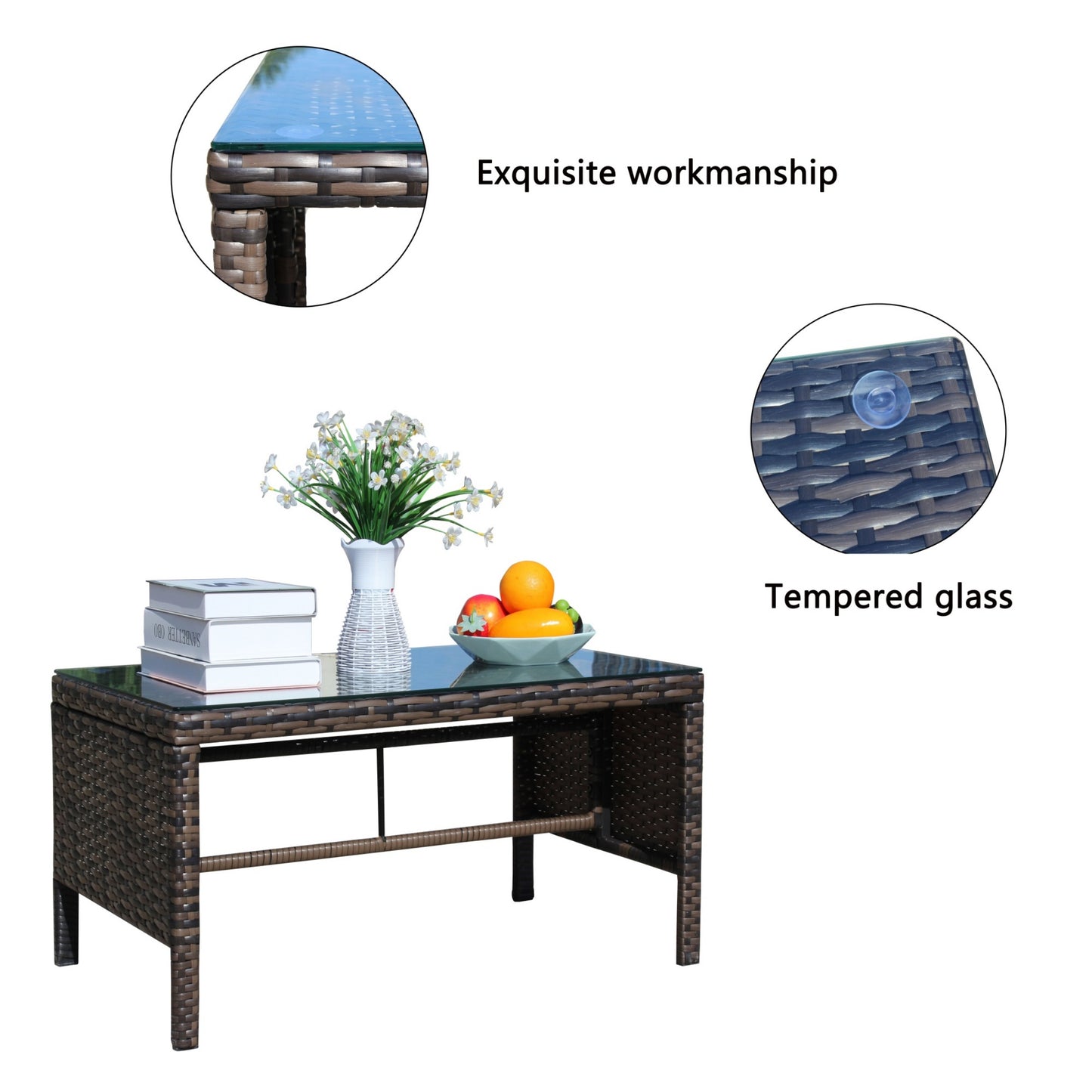 Outdoor Coffee Table for Patio, SHINPT Wicker Side Table, Rattan Coffee Table with Clear Tempered Glass, Glass Side Table for Backyard, Lawn, Outdoor Side Table for Yard, Patio, Garden
