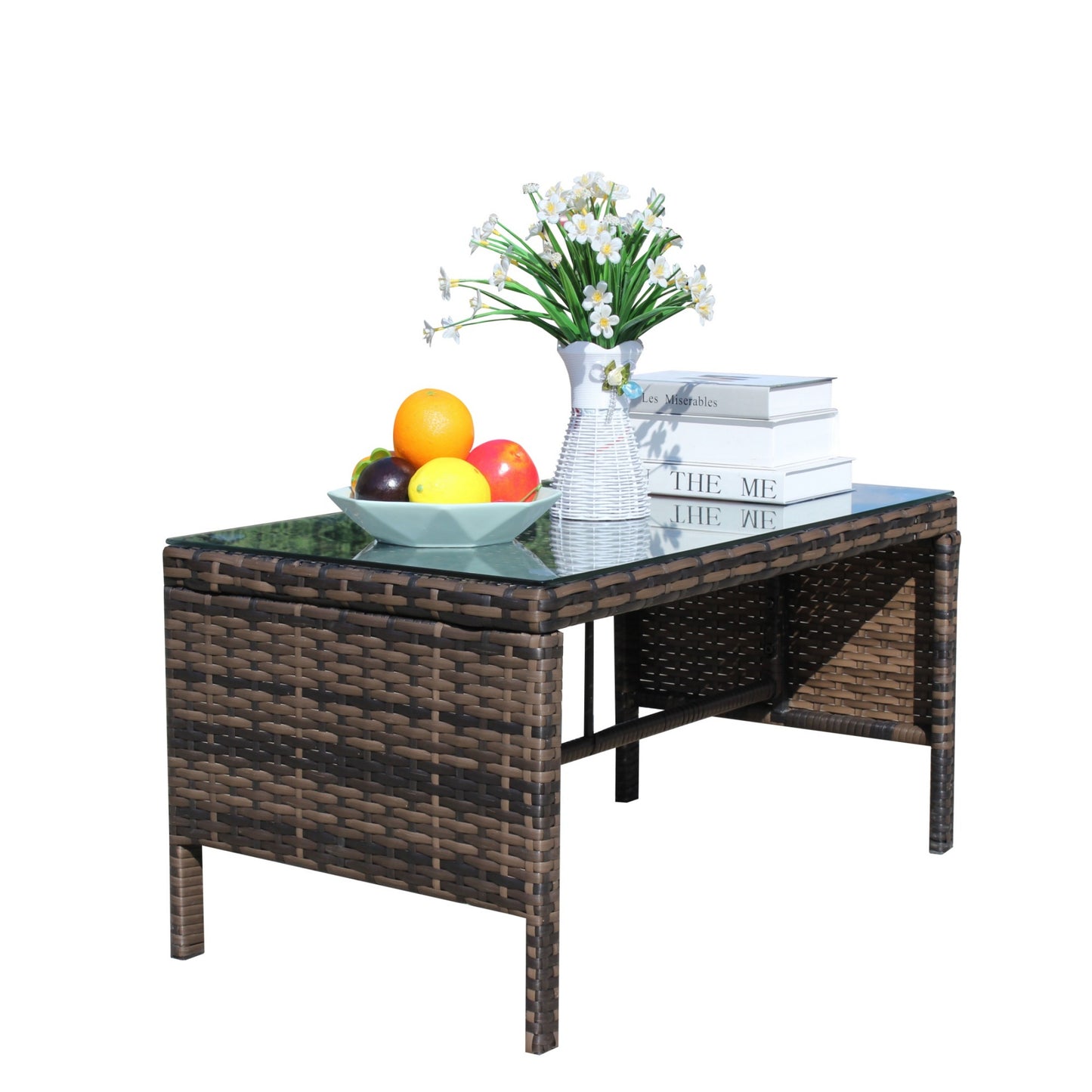 Outdoor Coffee Table for Patio, SHINPT Wicker Side Table, Rattan Coffee Table with Clear Tempered Glass, Glass Side Table for Backyard, Lawn, Outdoor Side Table for Yard, Patio, Garden