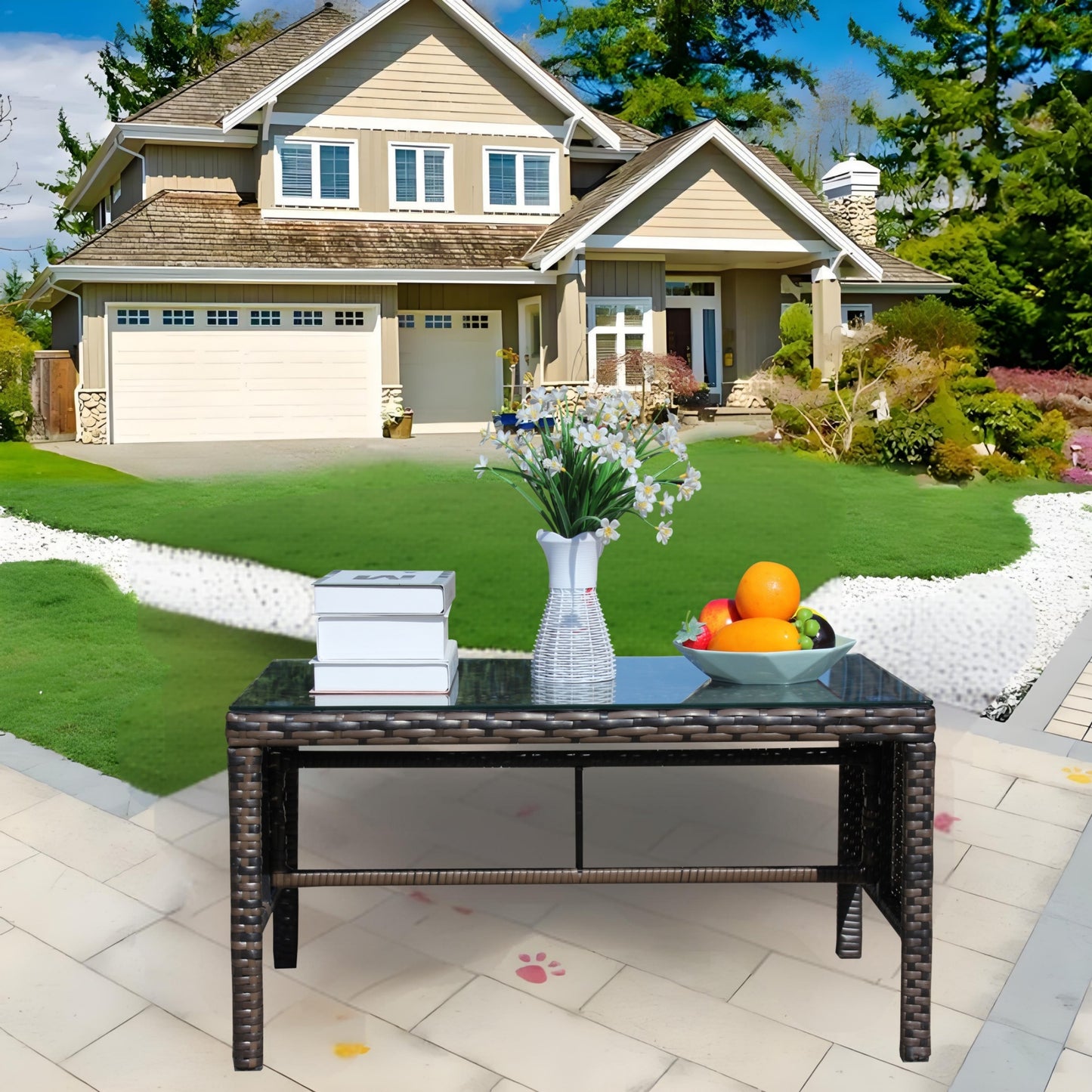 Outdoor Coffee Table for Patio, SHINPT Wicker Side Table, Rattan Coffee Table with Clear Tempered Glass, Glass Side Table for Backyard, Lawn, Outdoor Side Table for Yard, Patio, Garden