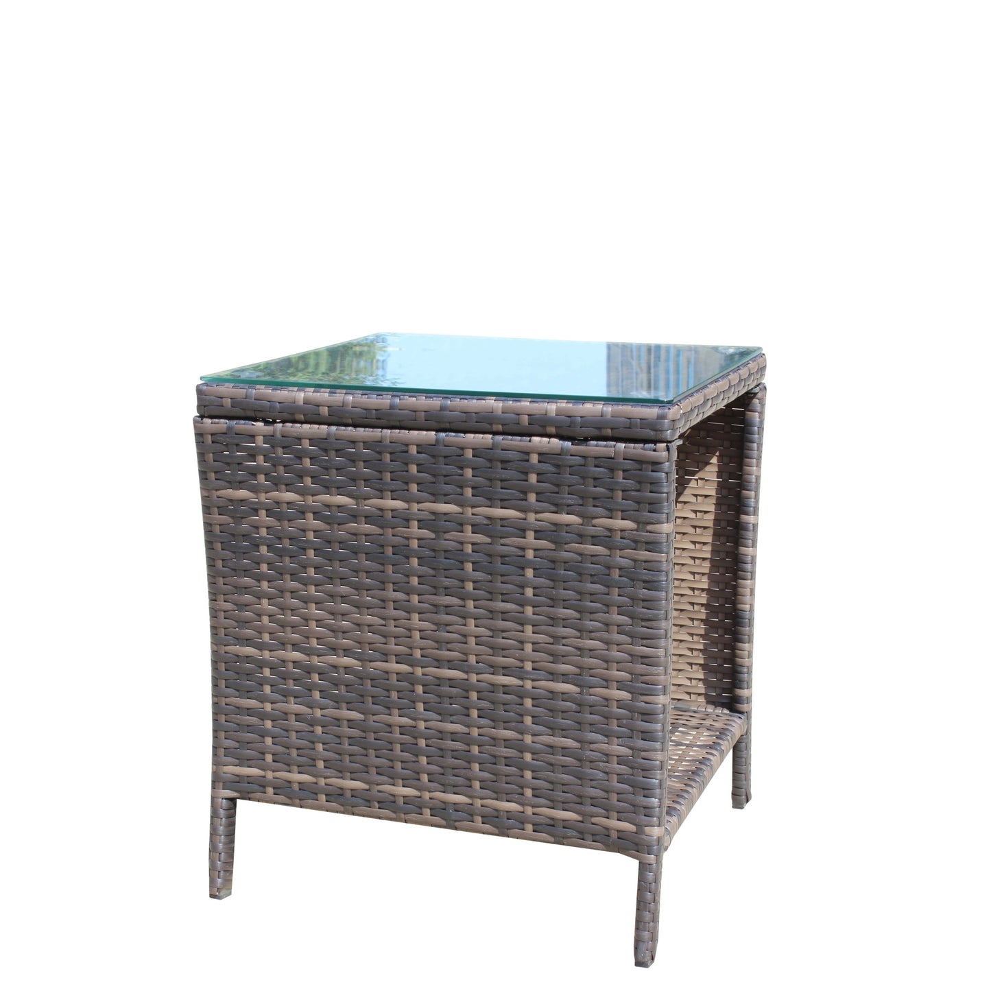 Side Table Outdoor for Backyard, SHINPT Outdoor Table with Storage, Wicker Side Table with Clear Tempered Glass, Glass Side Table for Yard, Lawn, Outdoor Square Coffee Table for Patio, Garden