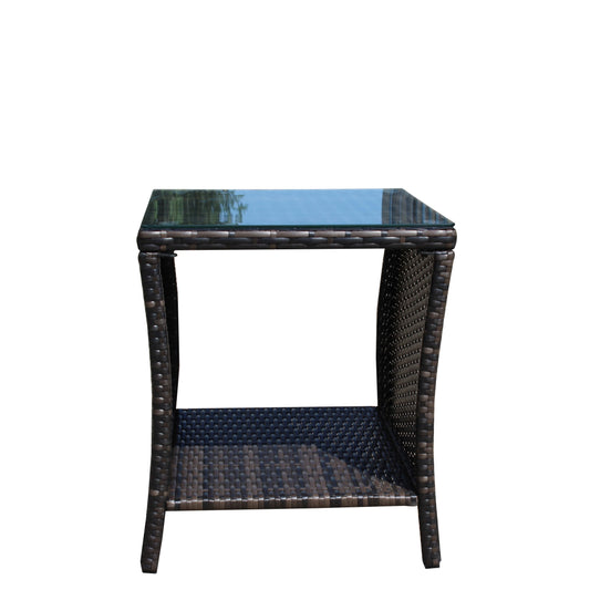Side Table Outdoor for Backyard, SHINPT Outdoor Table with Storage, Wicker Side Table with Clear Tempered Glass, Glass Side Table for Yard, Lawn, Outdoor Square Coffee Table for Patio, Garden